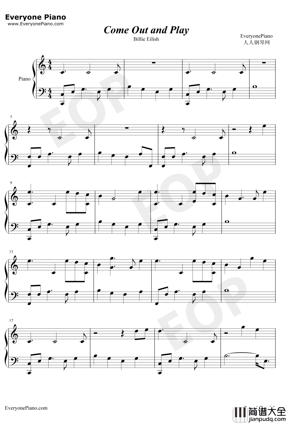 Come_Out_and_Play钢琴谱_BillieEilish