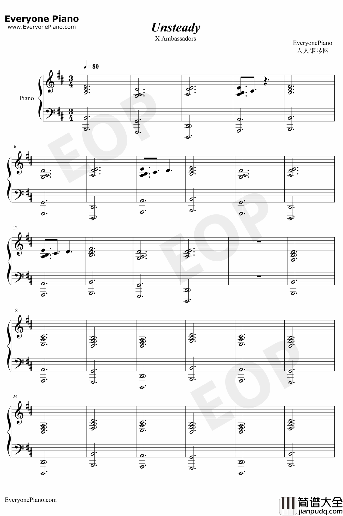 Unsteady钢琴谱_XAmbassadors_遇见你之前OST