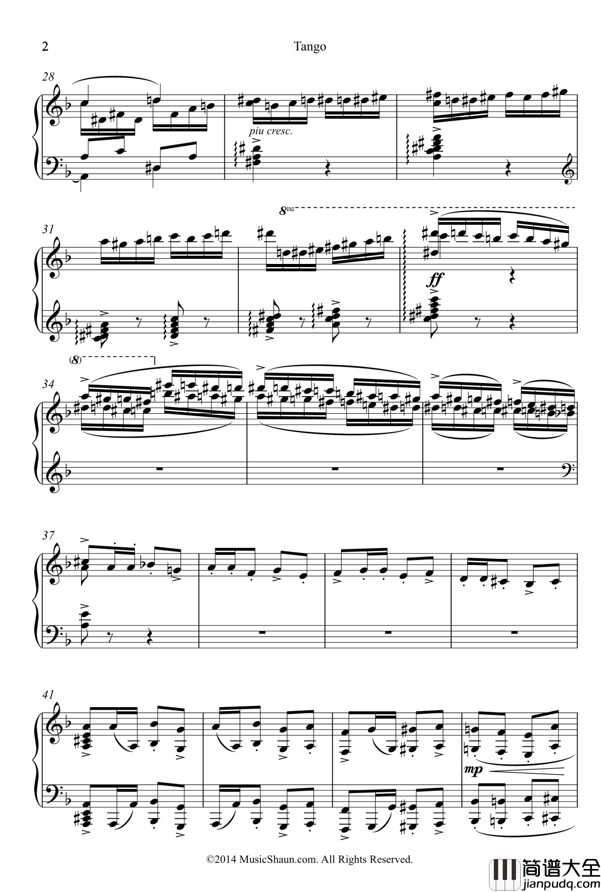 肖恩的探戈钢琴谱_世界名曲