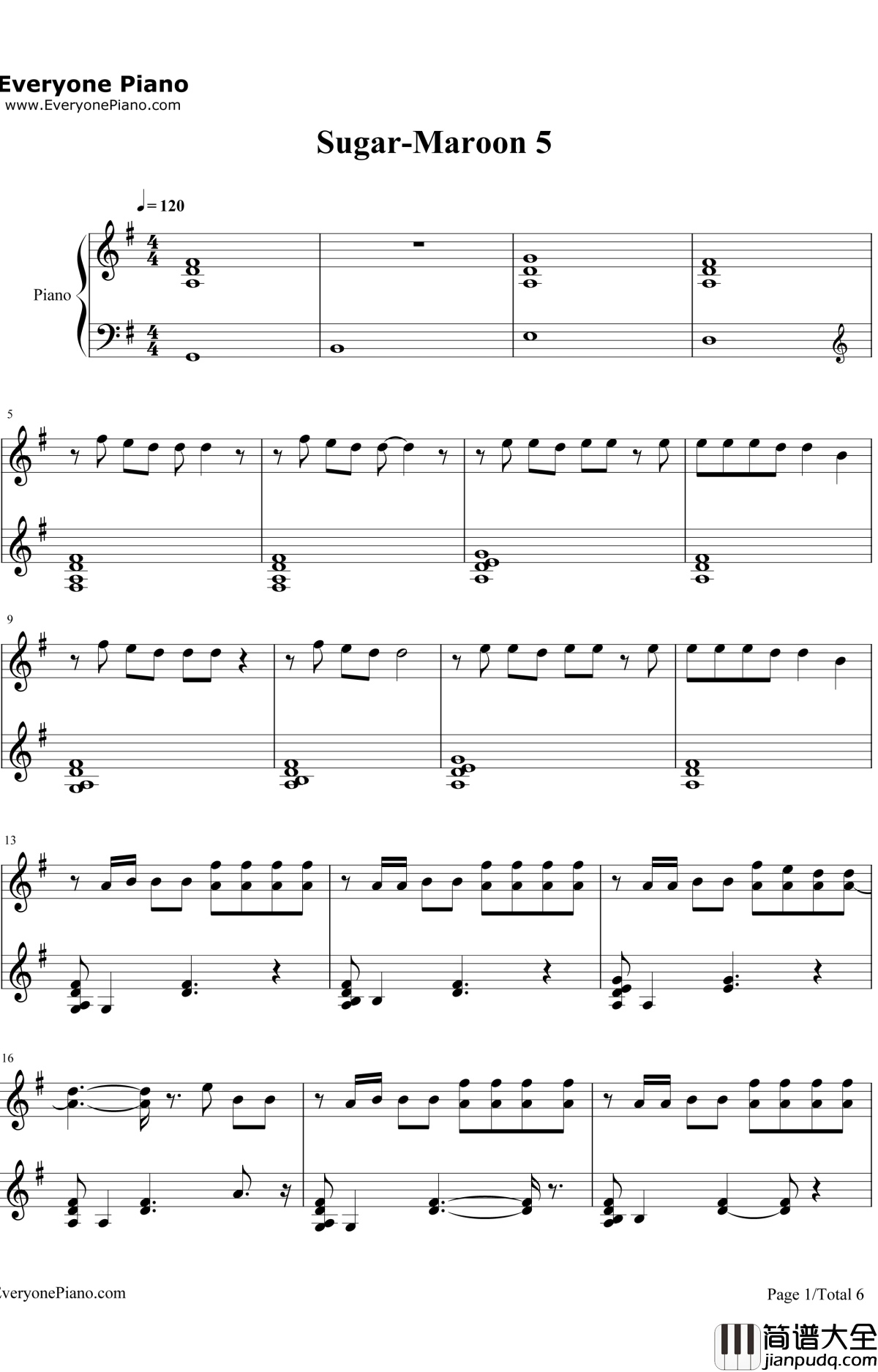 Sugar钢琴谱_Maroon5