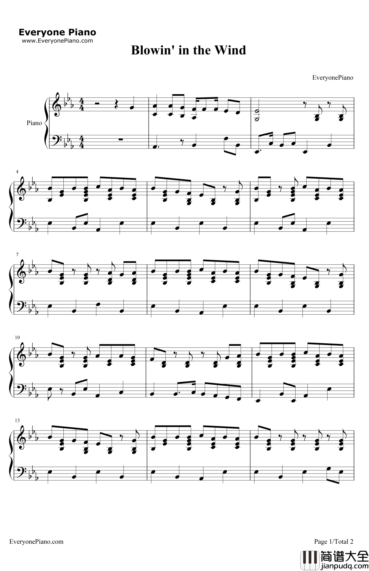 Blowin'_in_the_Wind钢琴谱_BobDylan