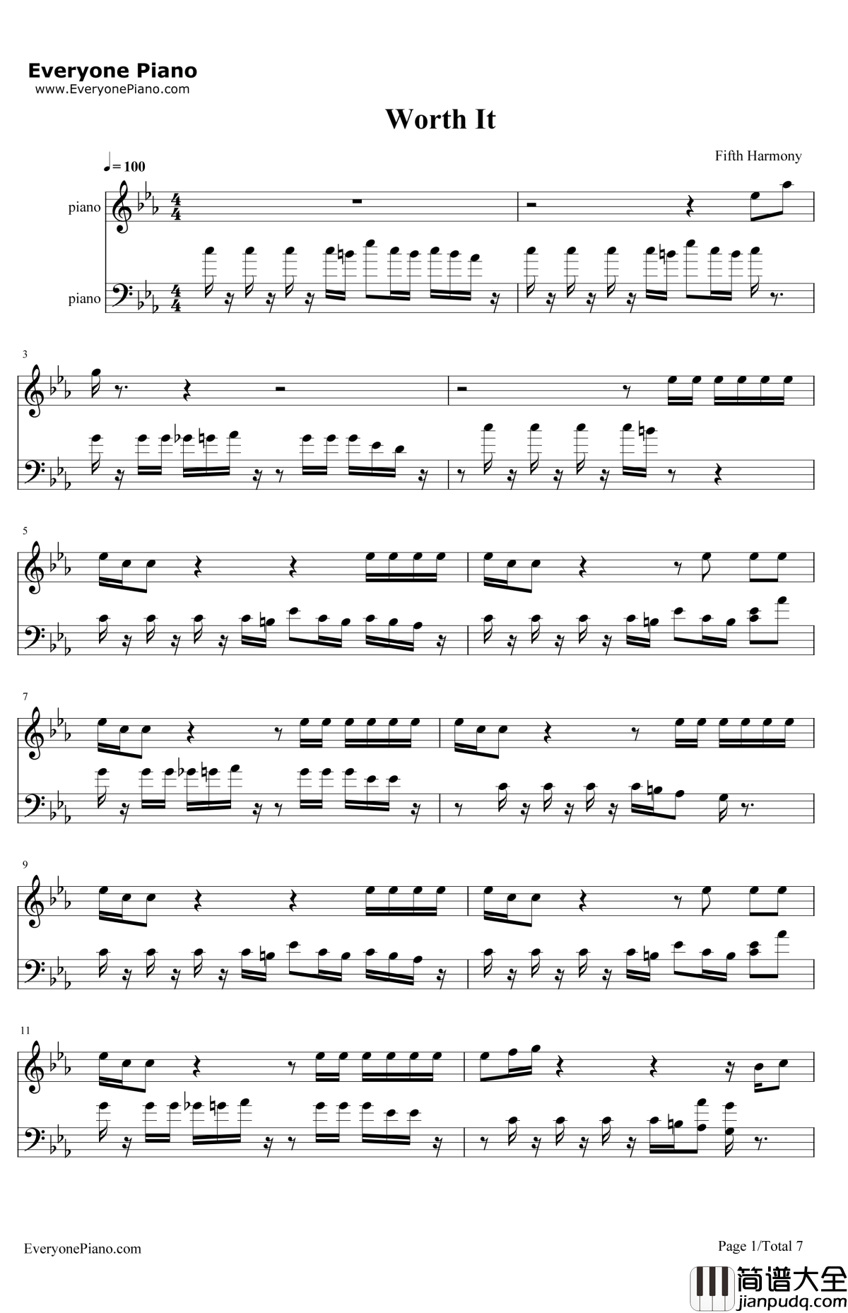 WorthIt钢琴谱_FifthHarmony