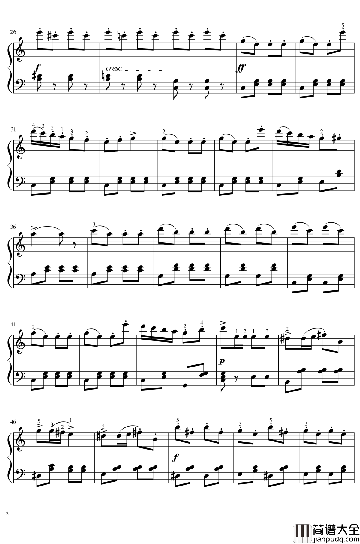 土耳其进行曲钢琴谱_钢琴版_贝多芬_beethoven_附指法_Op.113,No.4