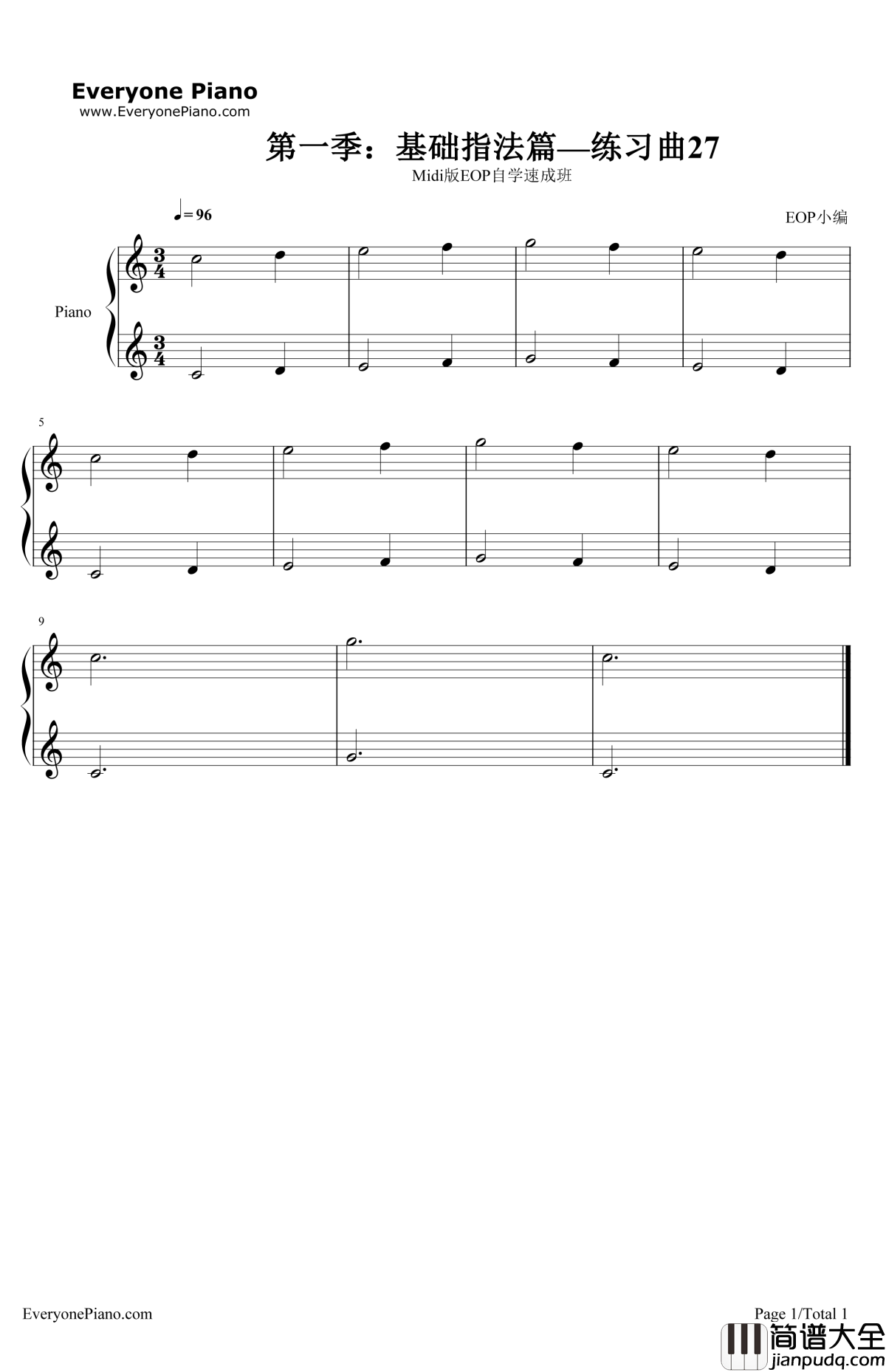 练习曲27钢琴谱_EOP团队_Midi版EOP自学速成班第一季:基础指法篇