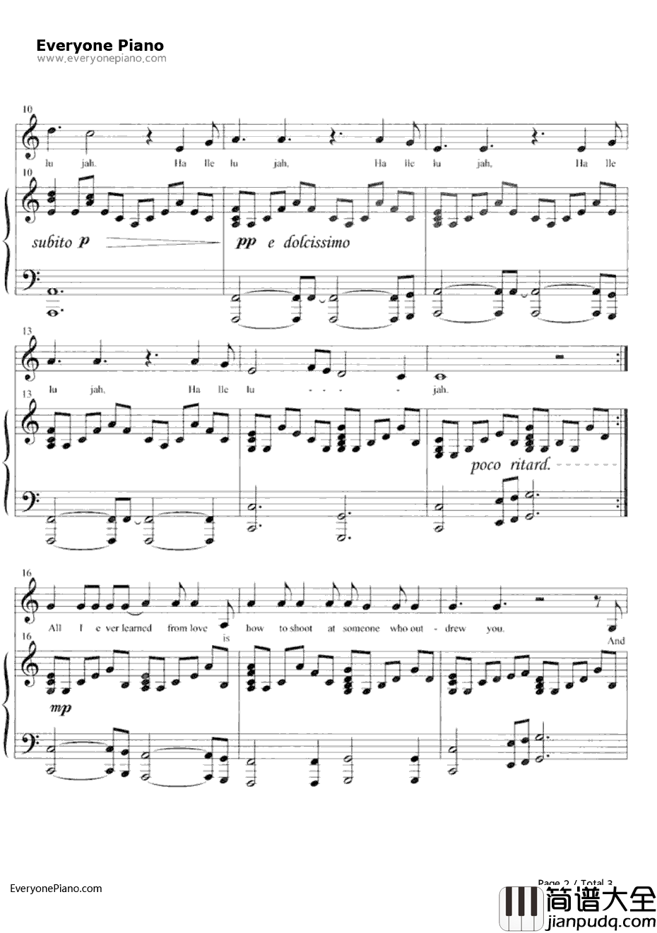 Hallelujah钢琴谱_RufusWainwright_怪物史莱克OST