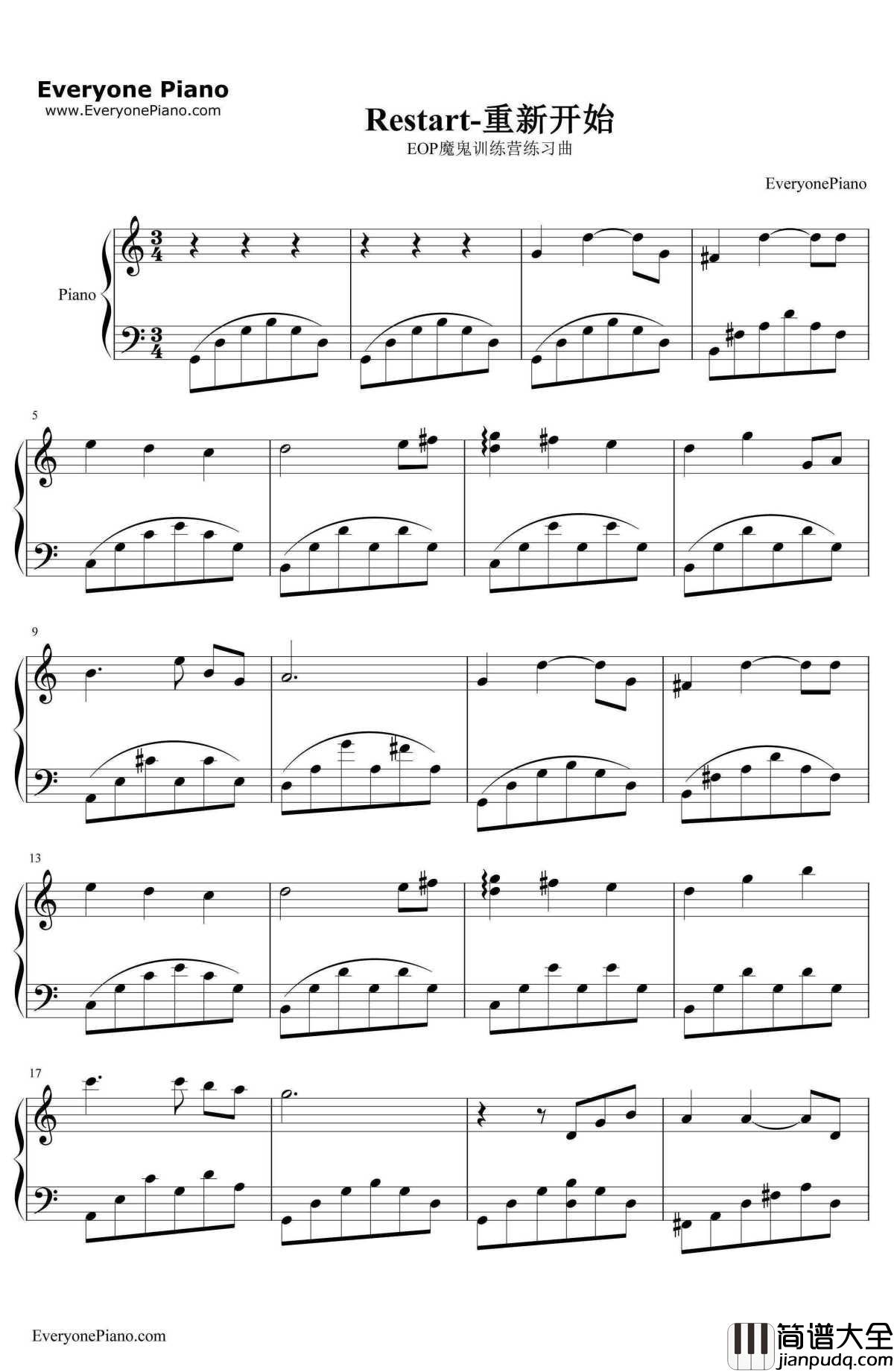 重新开始钢琴谱_久石让JoeHisaishi宫崎骏_Restart_千与千寻插曲
