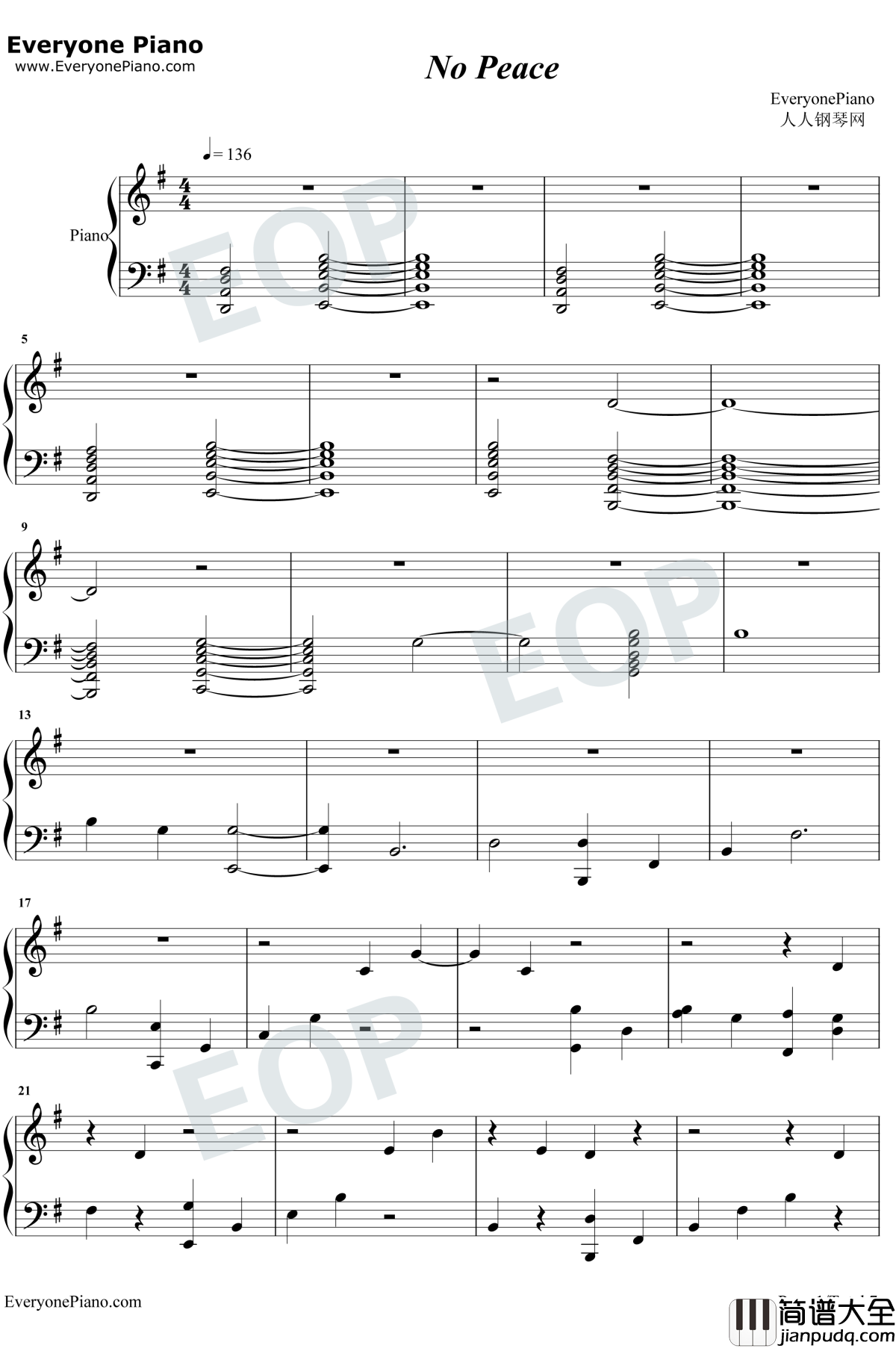 No_Peace钢琴谱_Sam_Smith/YEBBA