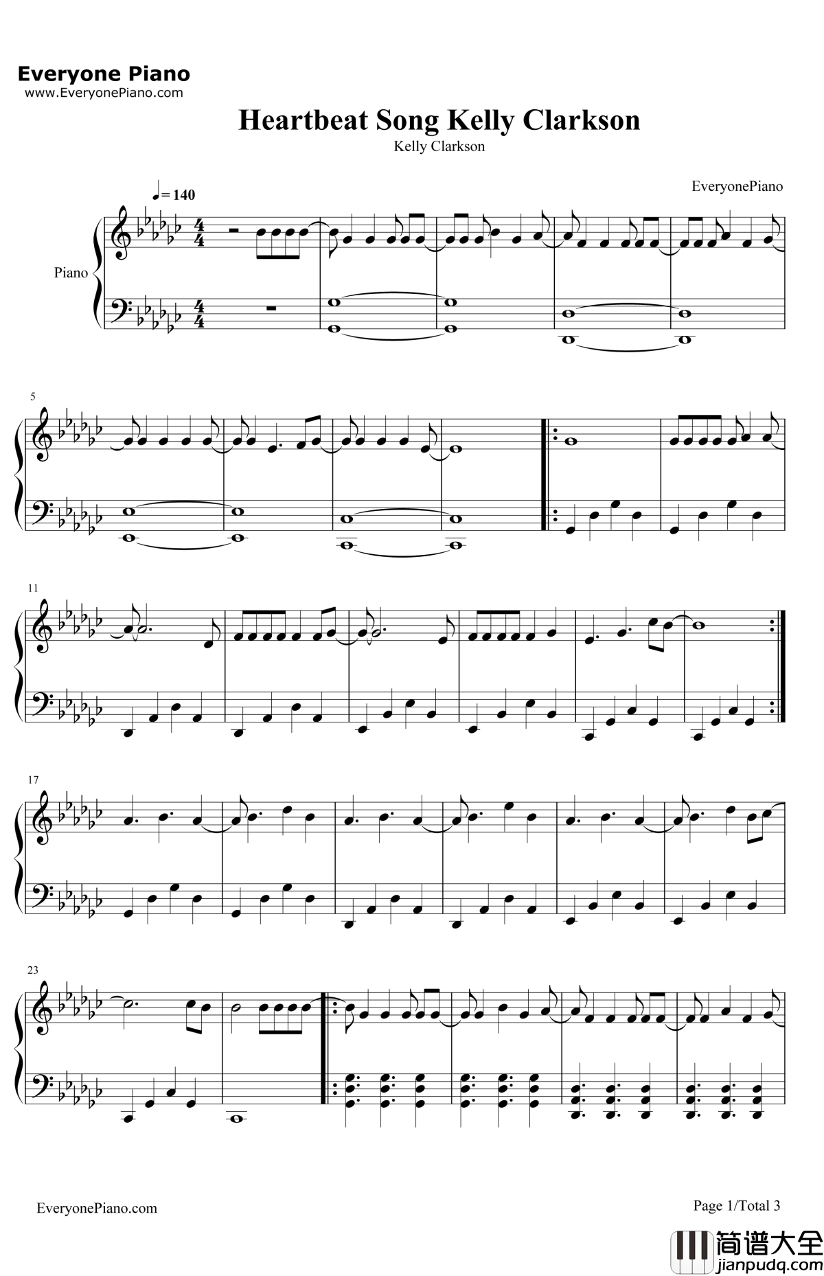 HeartbeatSong钢琴谱_KellyClarkson