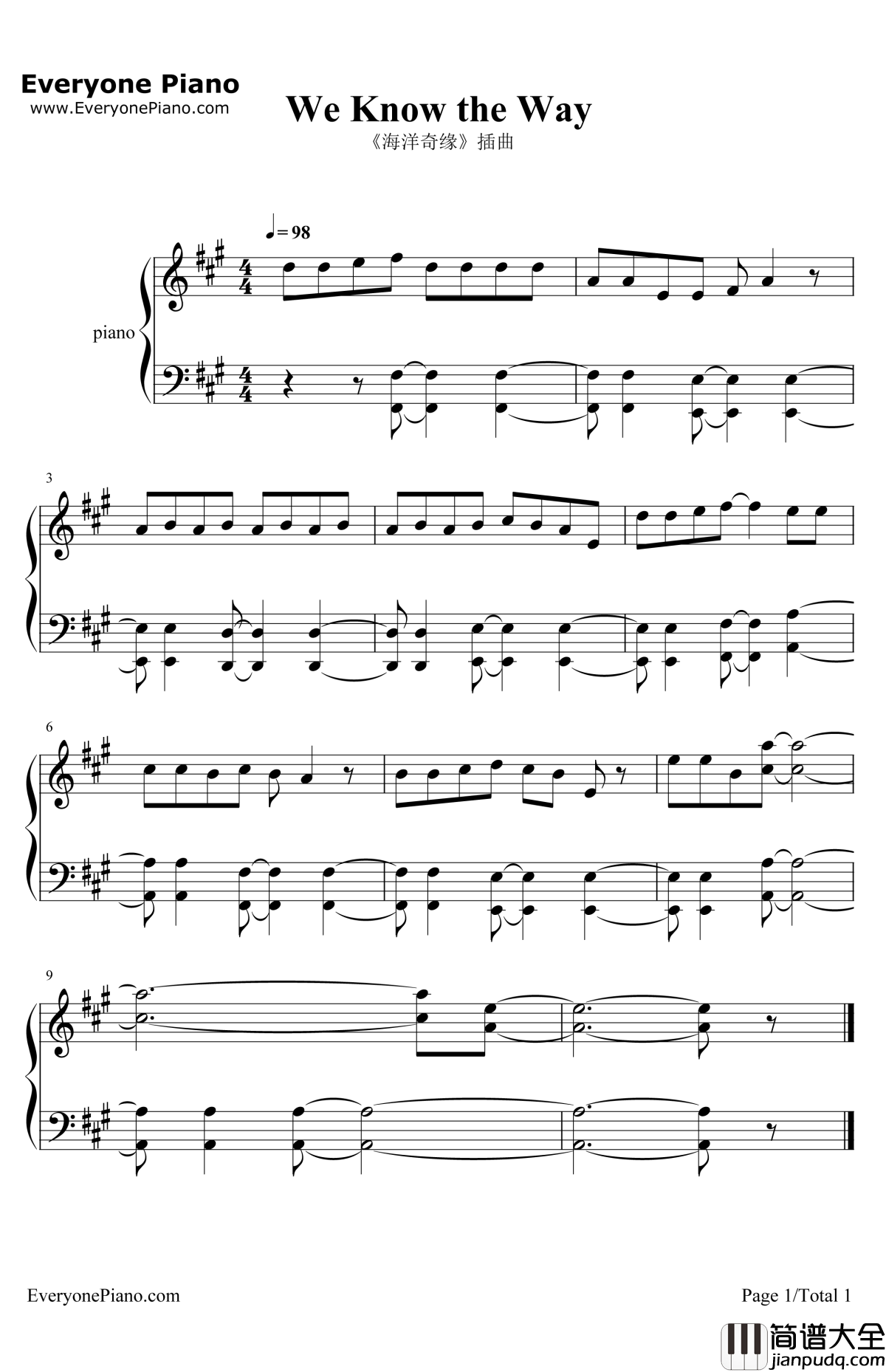 WeKnowtheWay钢琴谱_MarkMancina__海洋奇缘_插曲