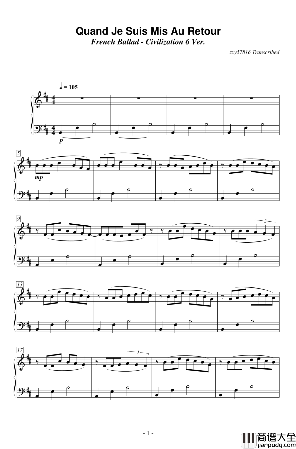 Quand_Je_Suis_Mis_Au_Retour钢琴谱_文明6法国古典时代BGM