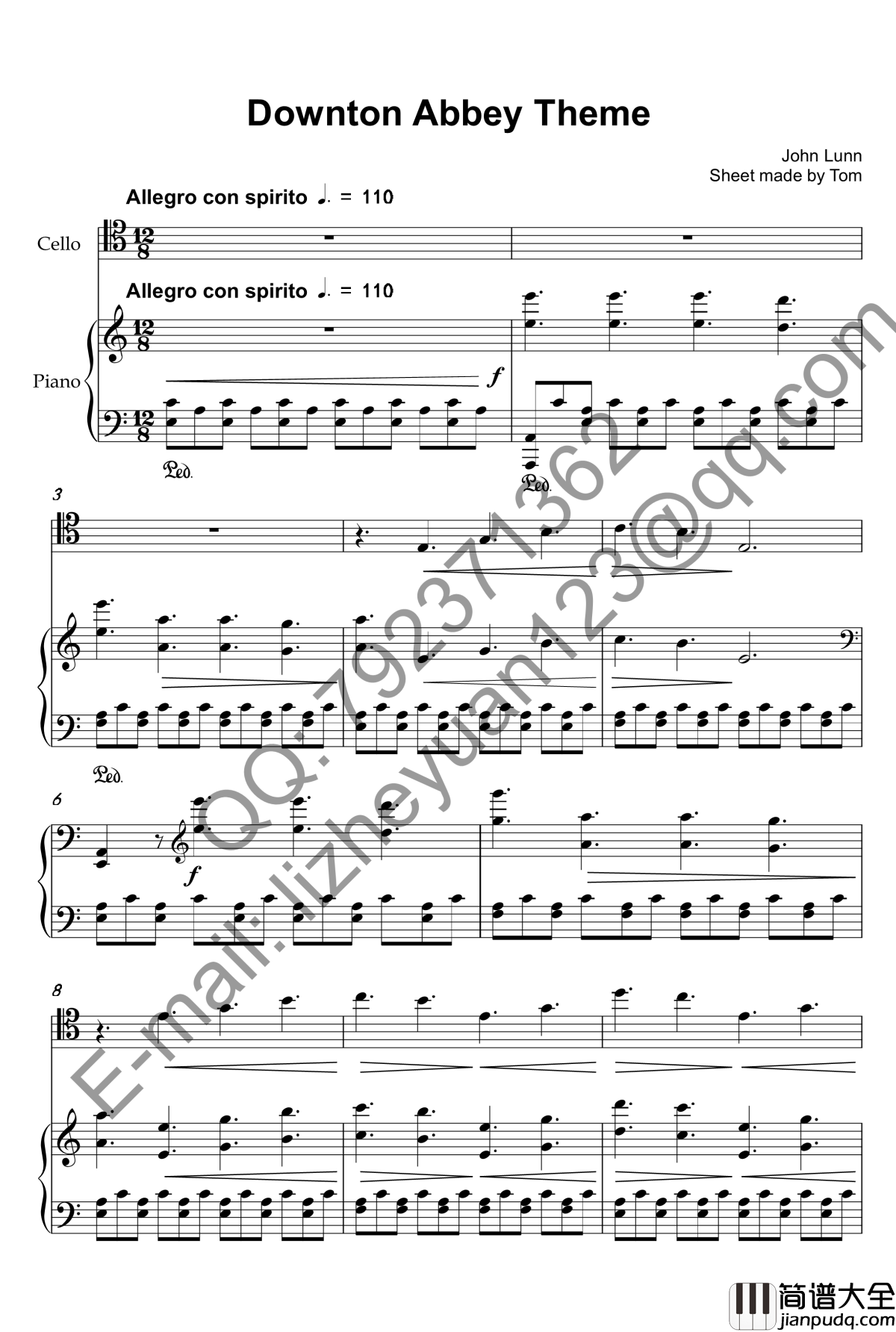 唐顿庄园主题曲钢琴谱_钢琴+大提琴_唐顿庄园