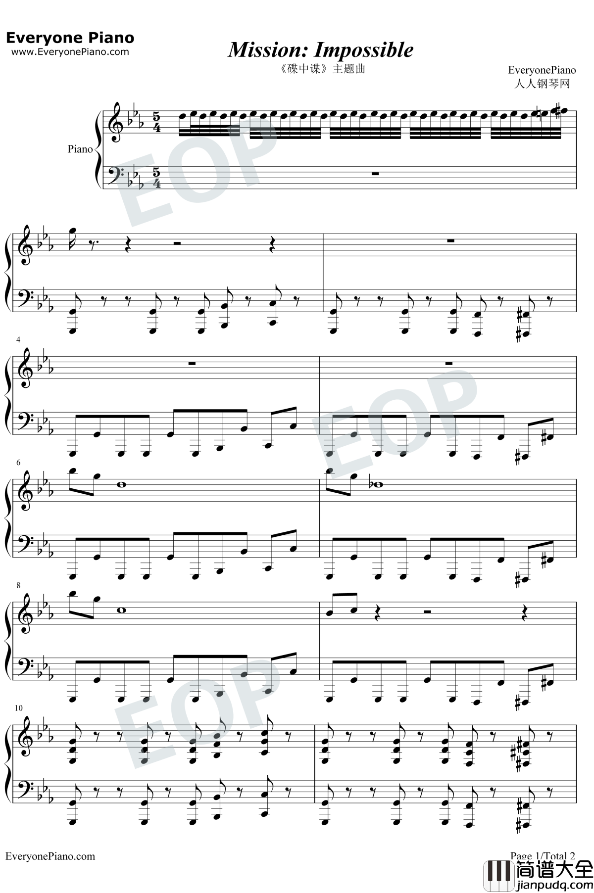 碟中谍主题曲钢琴谱_丹尼·艾夫曼_碟中谍主题曲