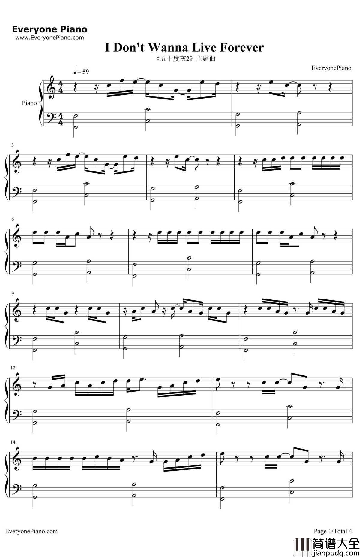 I Don't Wanna Live Forever钢琴谱_Zayn_Malik,Taylor_Swift__五十度灰2_的主题曲