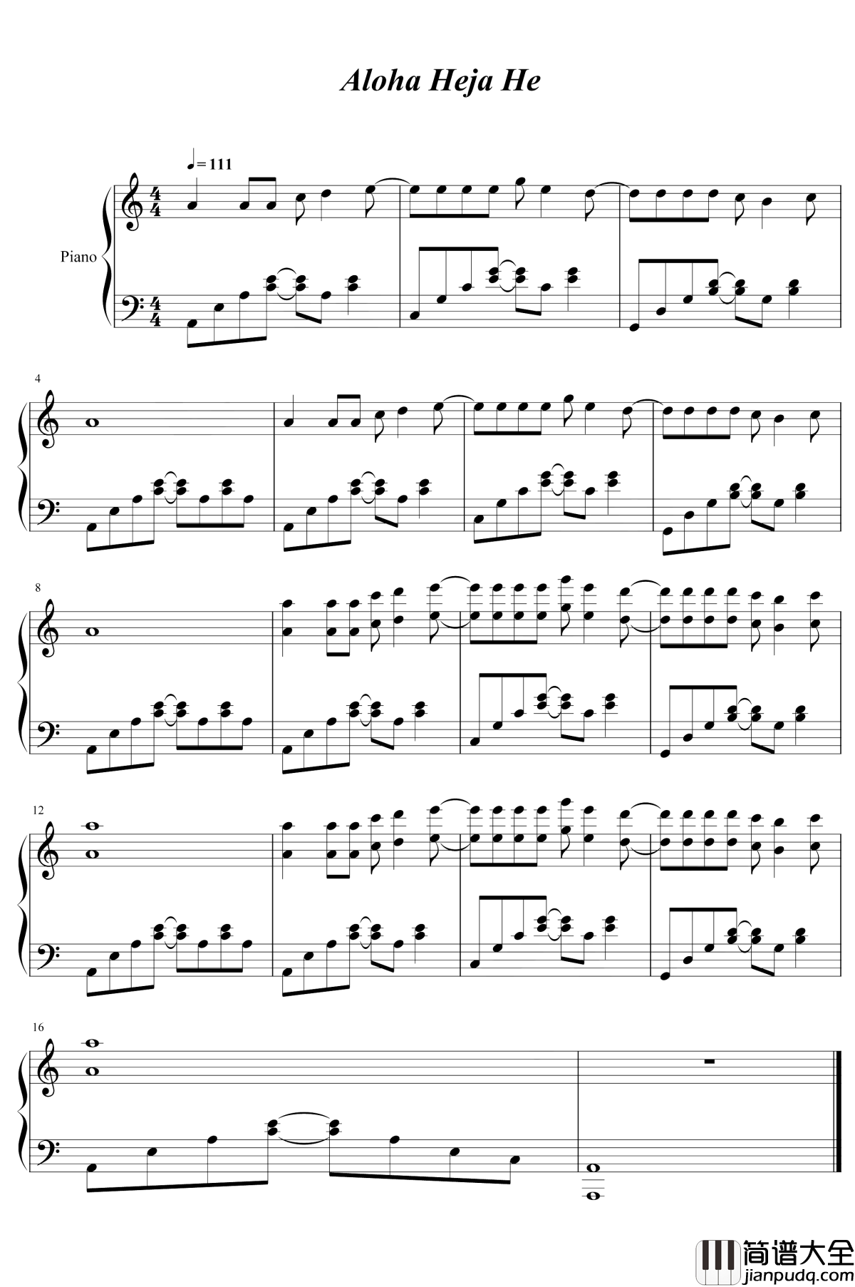 Aloha_Heja_He钢琴谱_Achim_Reichel_抖音热门歌曲,越听越洗脑