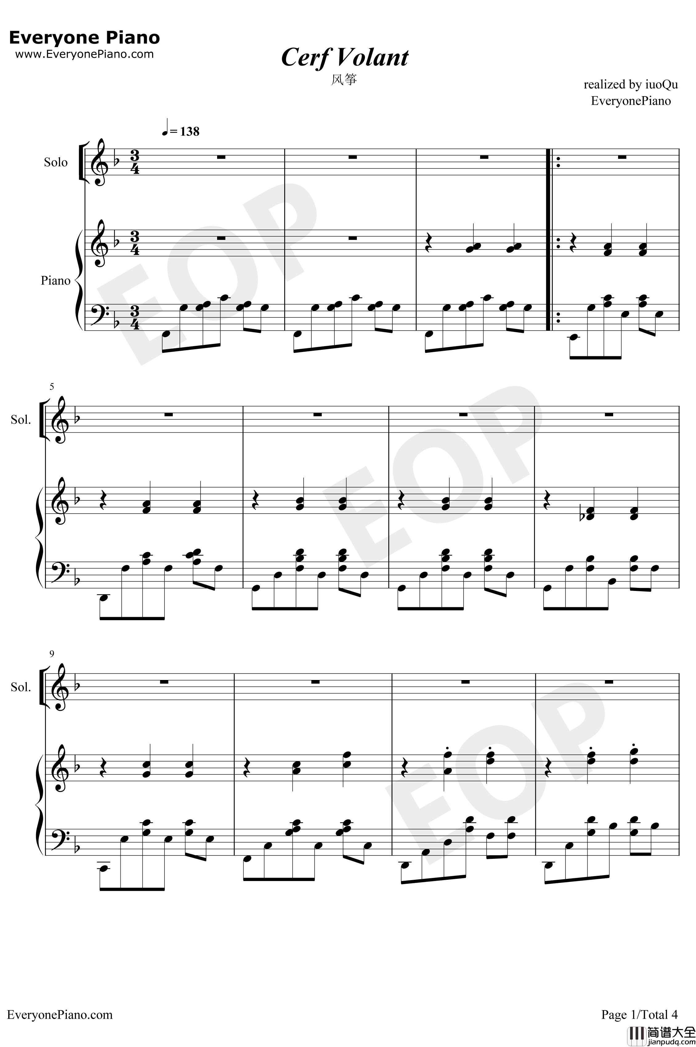 Cerf钢琴谱_BrunoCoulais_volant_风筝_放牛班的春天插曲