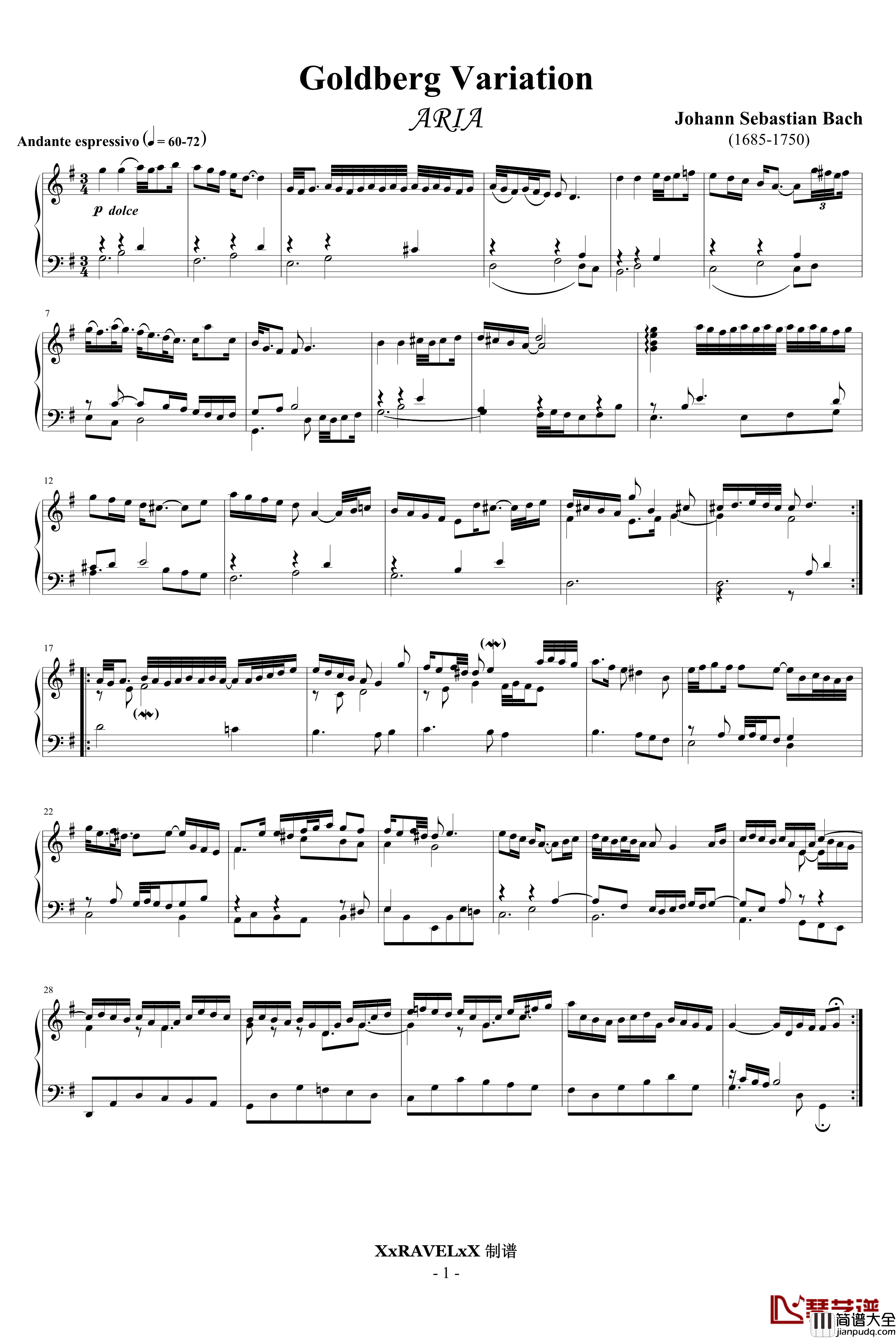 哥德堡变奏曲钢琴谱_ARIA_主题_巴赫_P.E.Bach