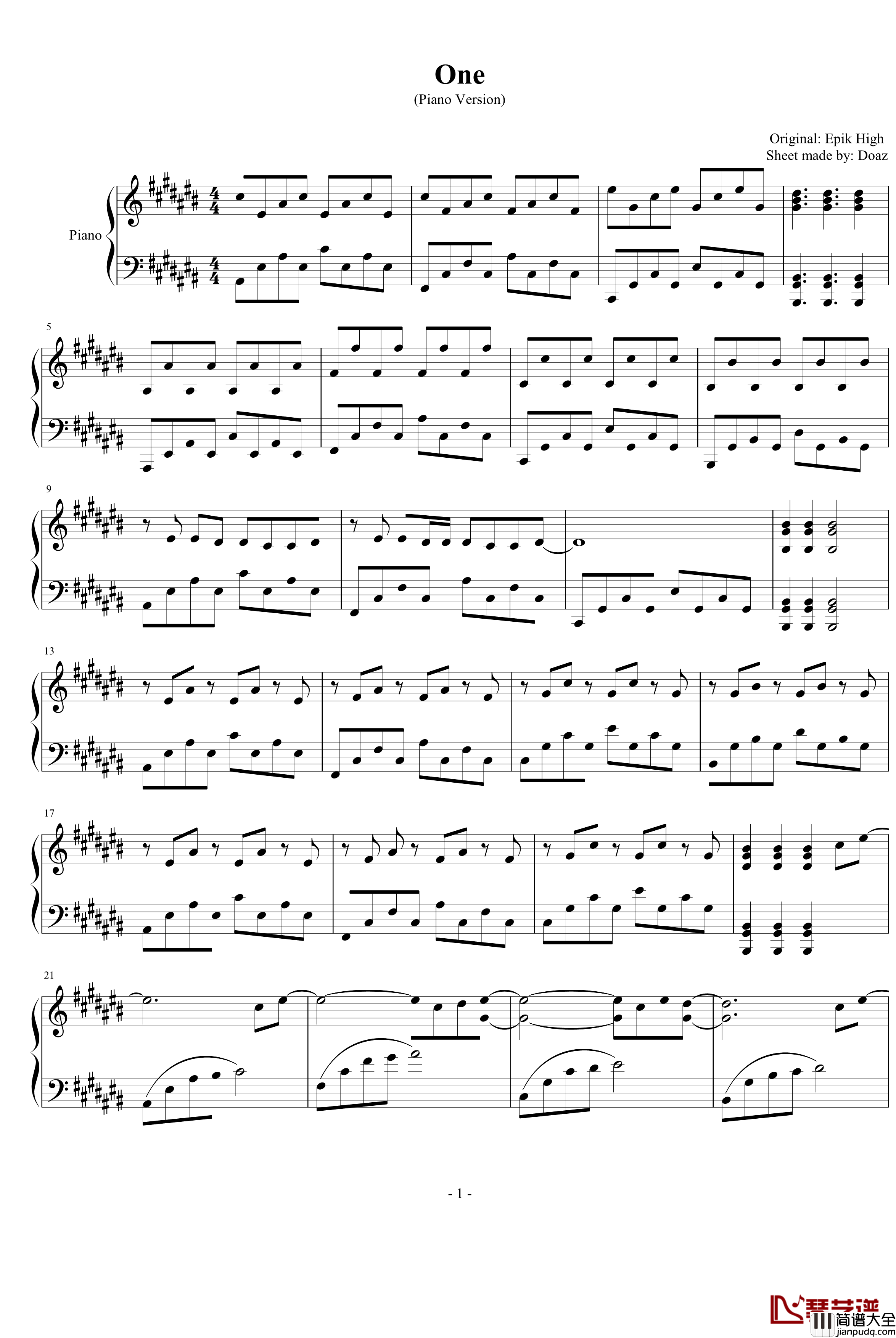 One钢琴谱_Piano_Version_Epik_High
