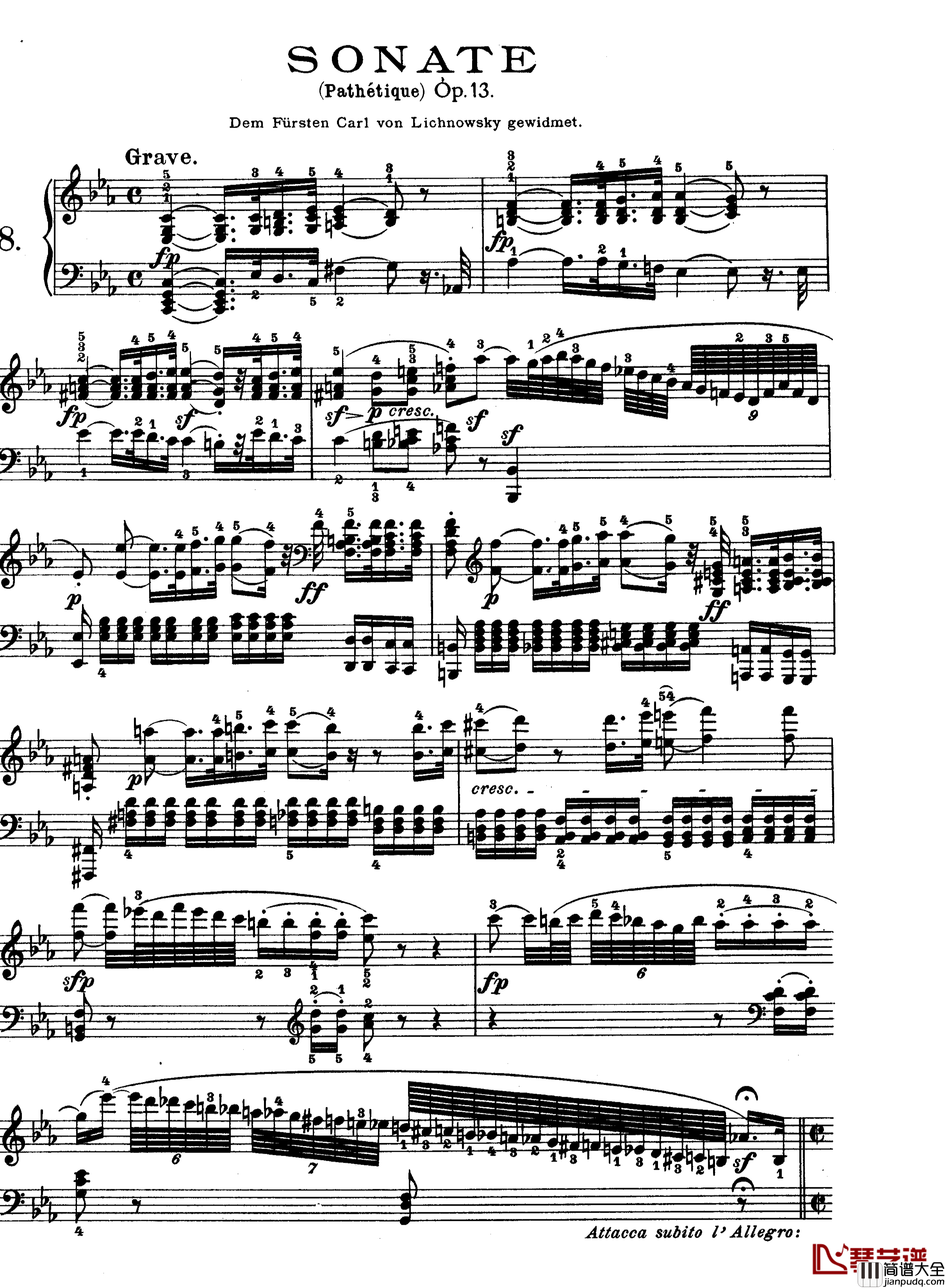 C小调第八琴奏鸣曲钢琴谱_悲怆_贝多芬_beethoven