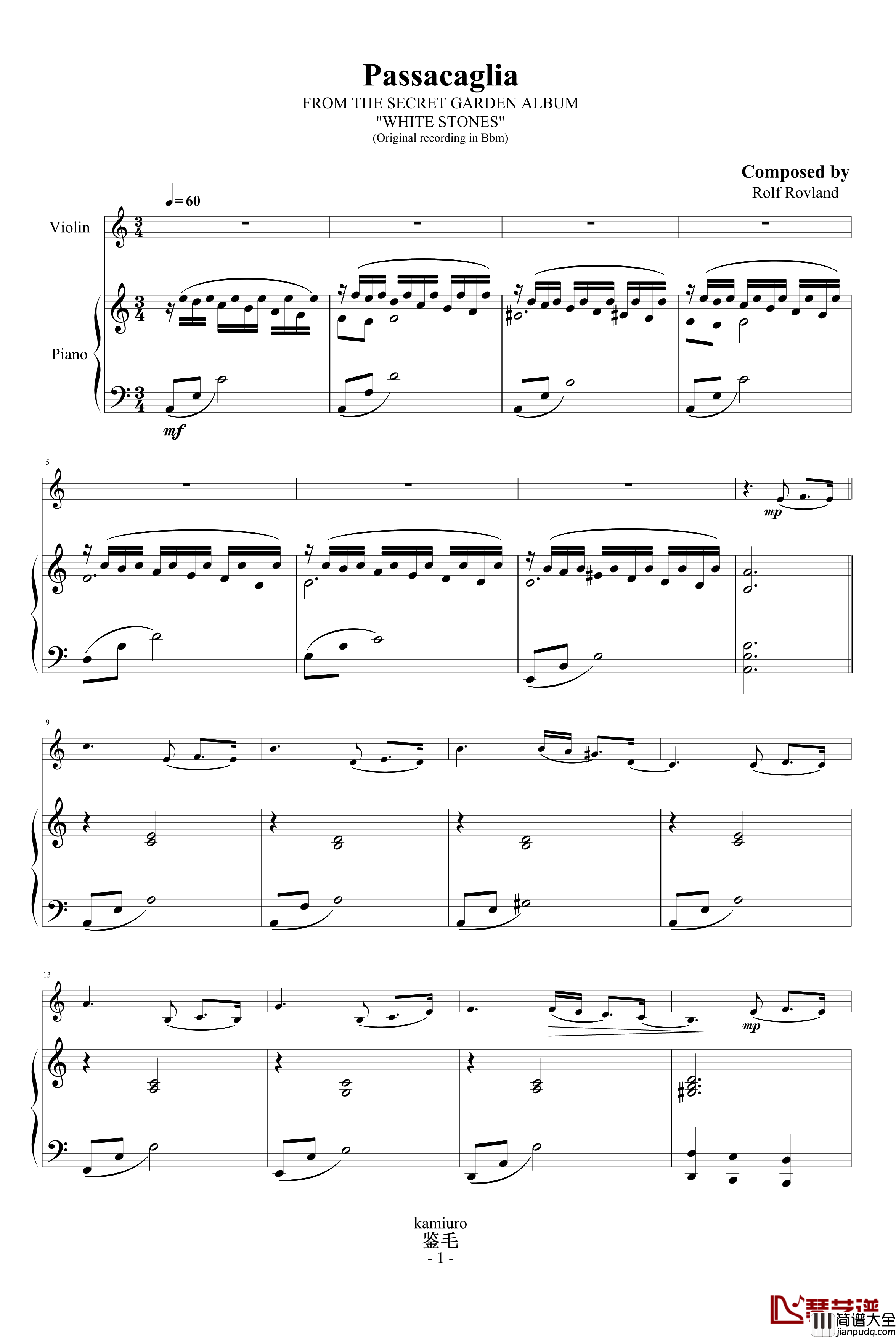 Passacaglia钢琴谱_思亲曲_神秘园