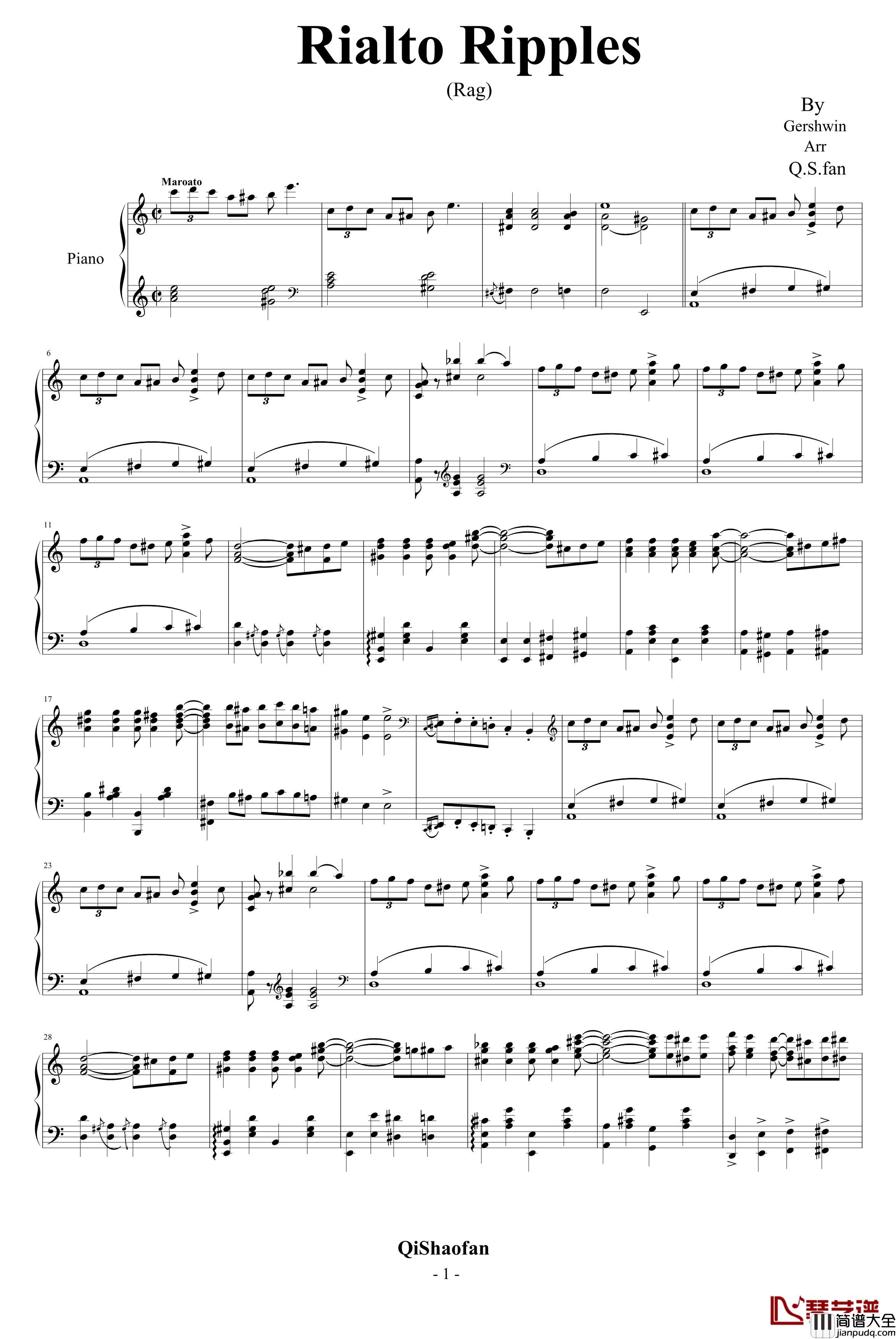 Rialto_Ripples_Rag钢琴谱_格什温_Gershwin