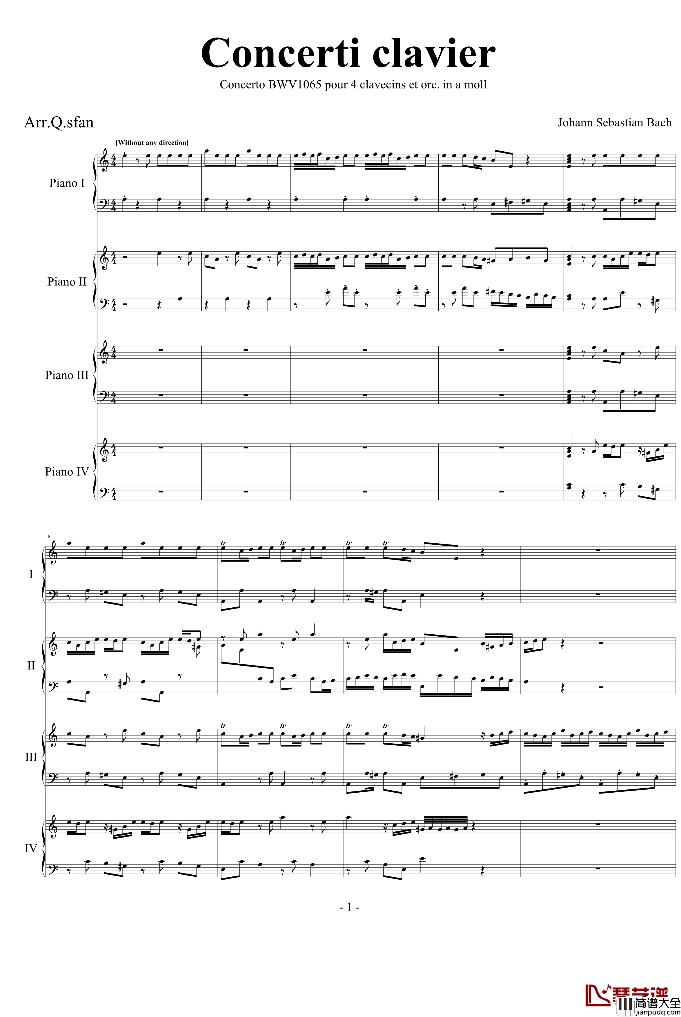 巴赫为四架钢琴写的钢琴协奏曲钢琴谱_巴赫_P.E.Bach