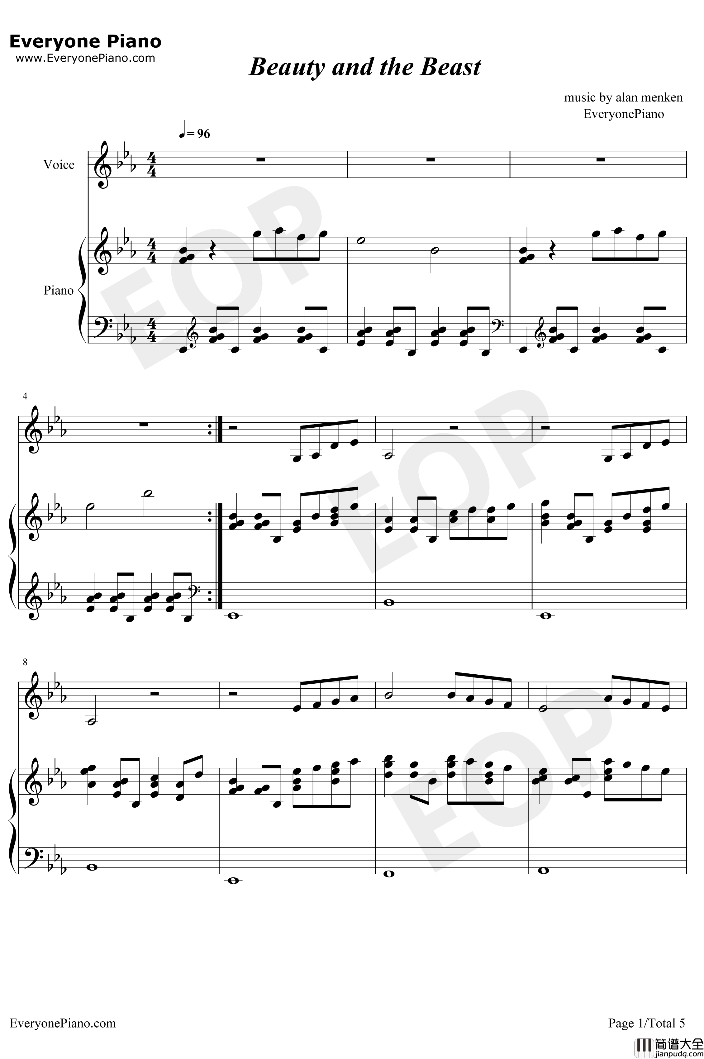 Beauty_and_the_Beast钢琴谱_席琳狄翁_美女与野兽主题曲