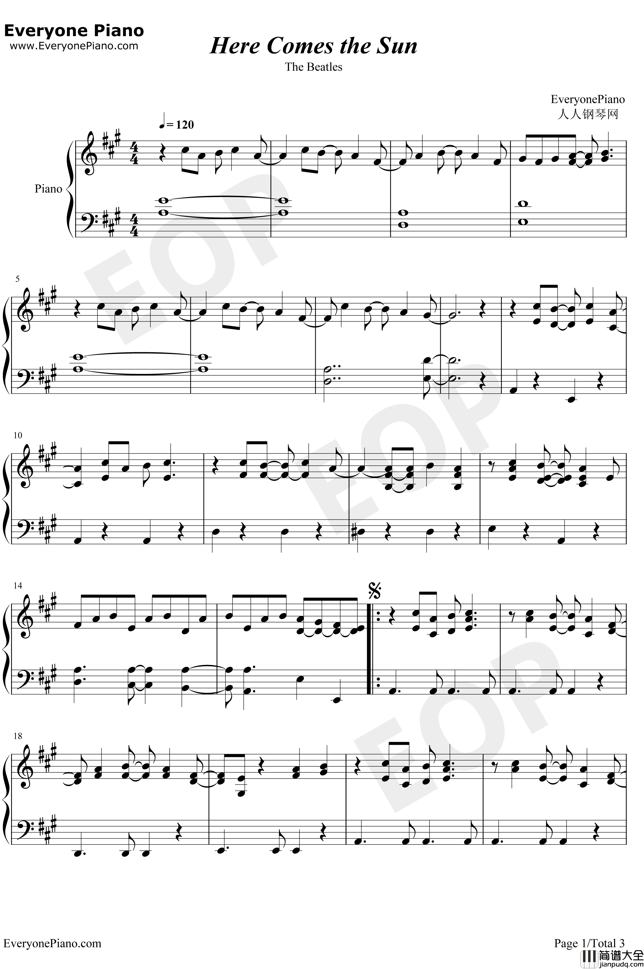 Here_Comes_the_Sun钢琴谱_TheBeatles