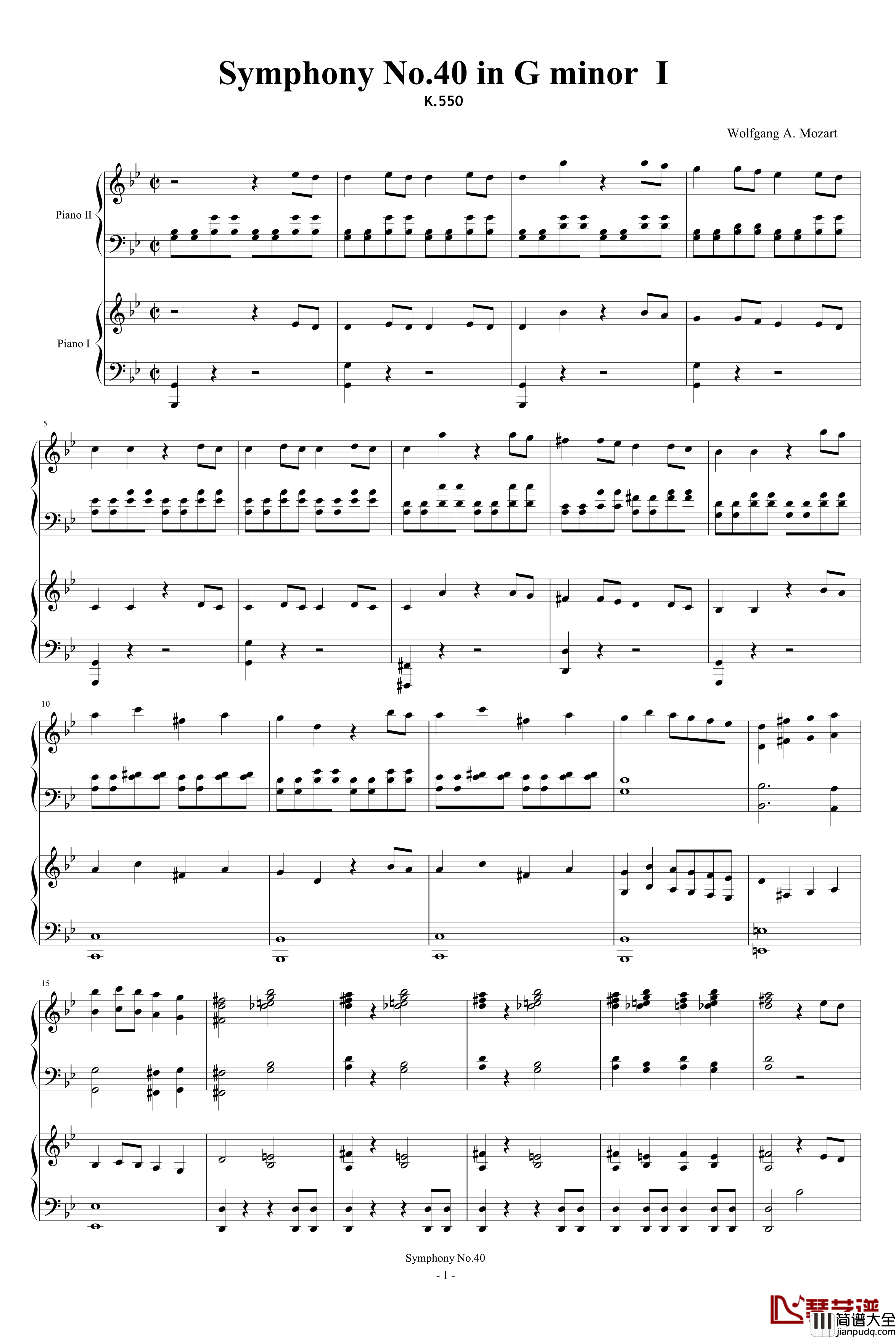 第四十号交响曲第一乐章钢琴谱_双钢琴_莫扎特