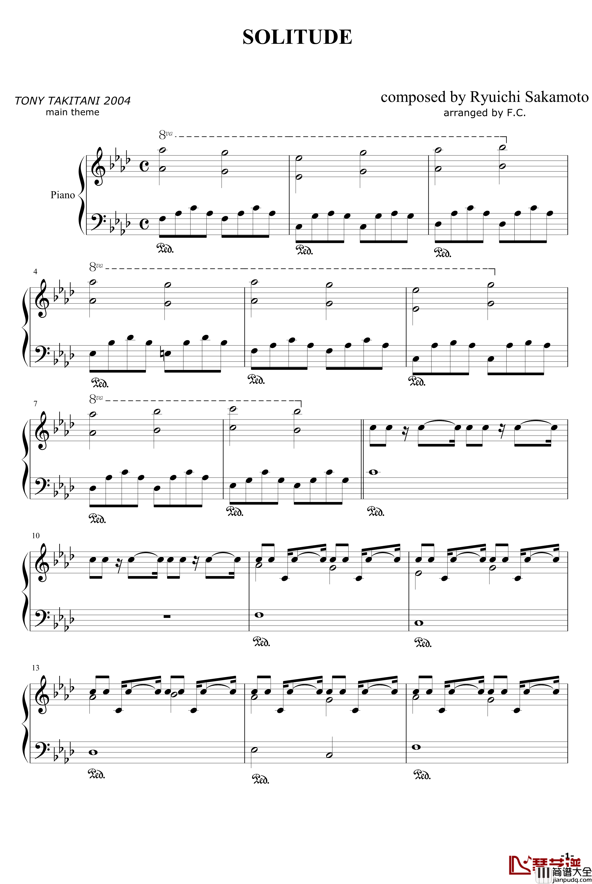 Solitude钢琴谱_Ryuichi_Sakamoto_动漫影视