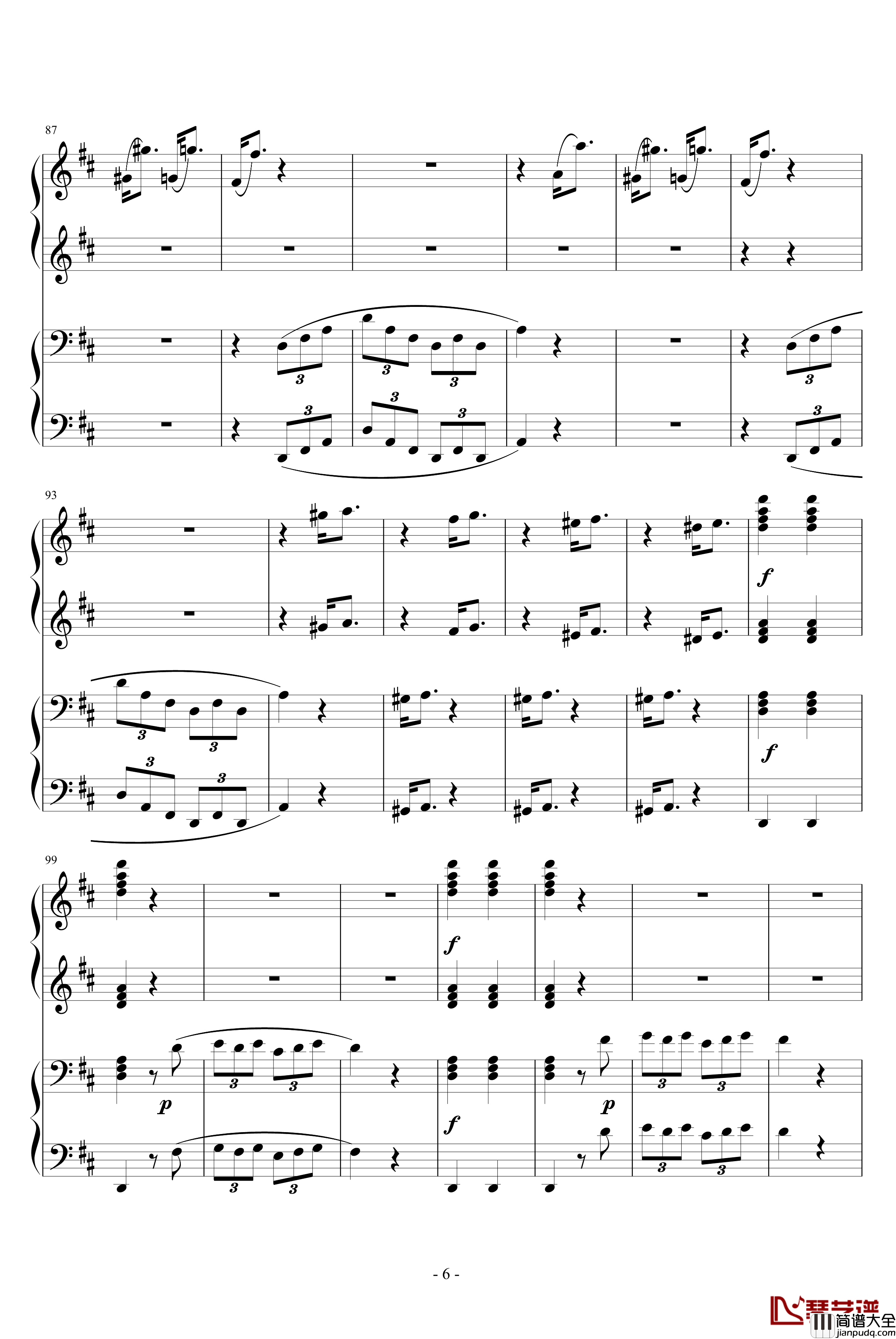 D大调四手联弹钢琴奏鸣曲第三乐章钢琴谱_莫扎特