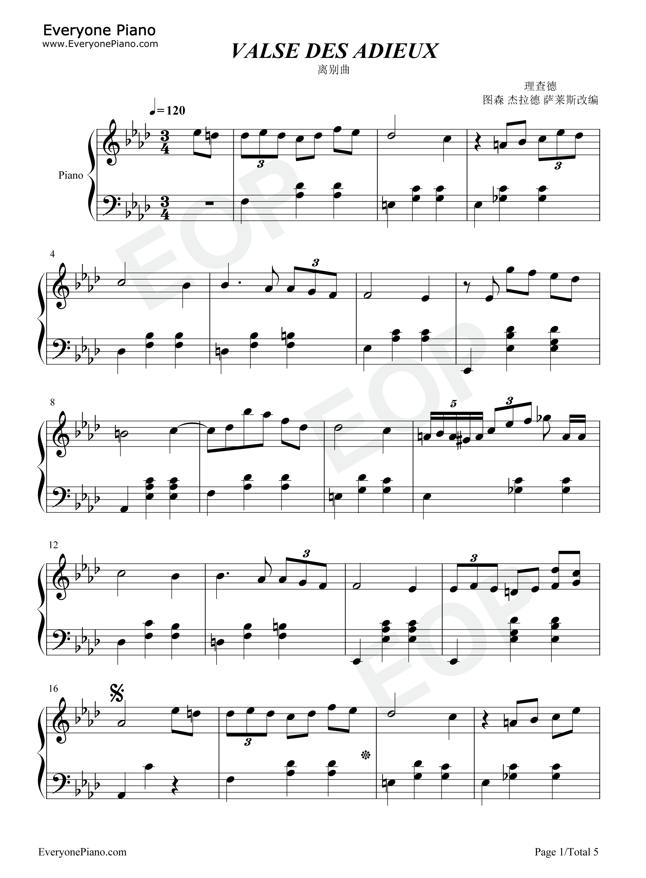 离别曲钢琴谱_理查德·克莱德曼