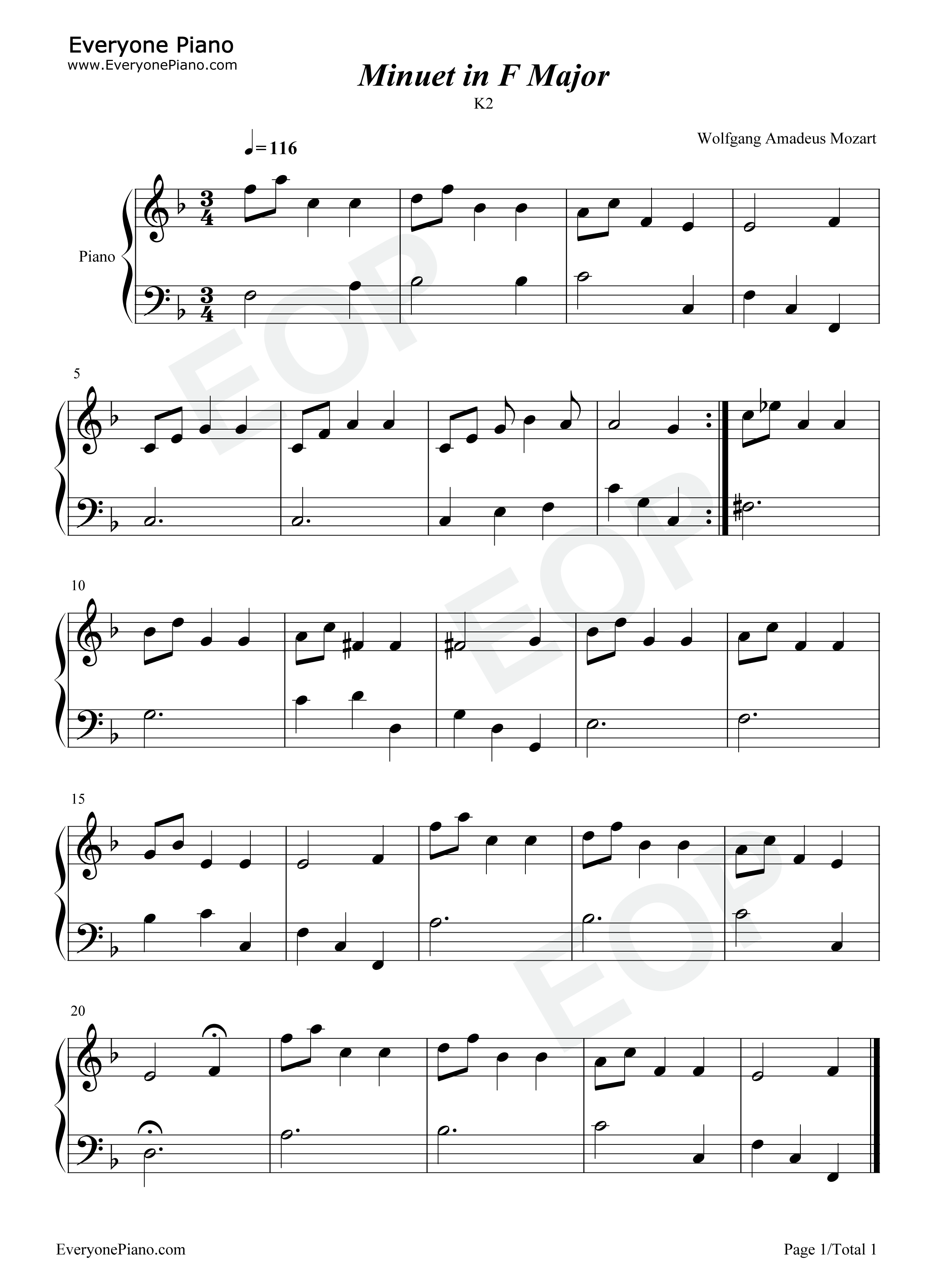 莫扎特F大调小步舞曲K2钢琴谱_莫扎特