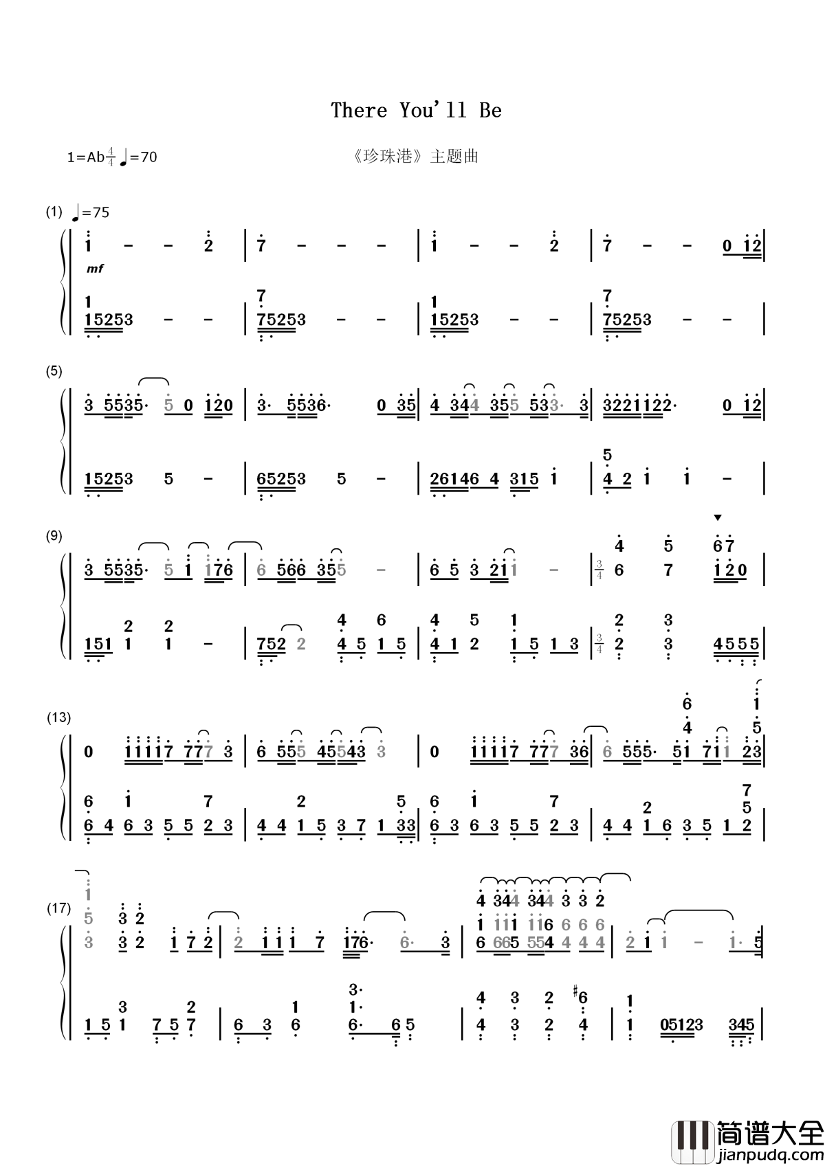 There_You'll_Be_(有你相依)简谱__Faith_Hill__珍珠港主题曲，一首爱情让位于战争的经典歌曲