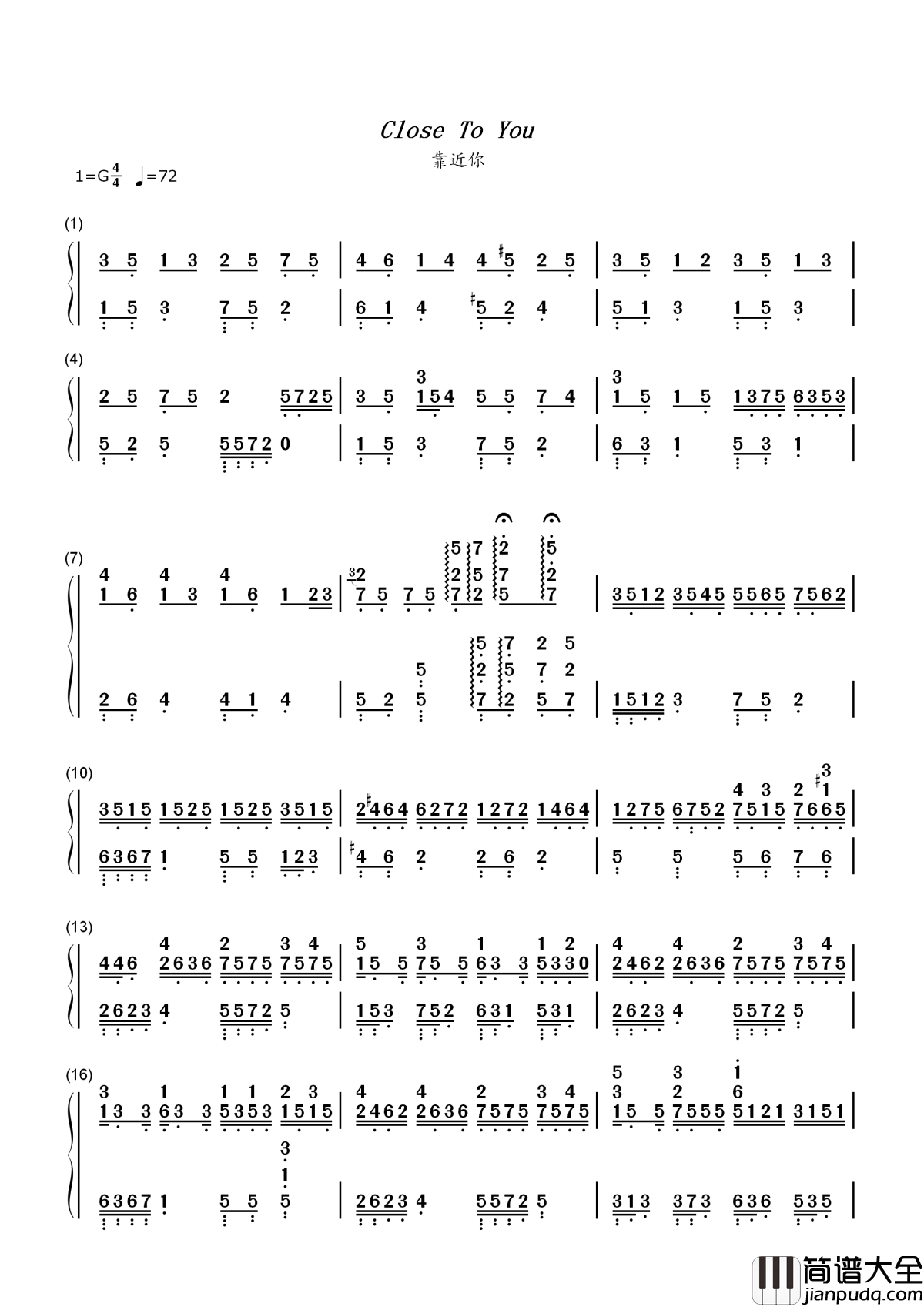 Close_To_You简谱__Cagnet__悠长假期插曲,Don’t_Worry,_Be_Happy