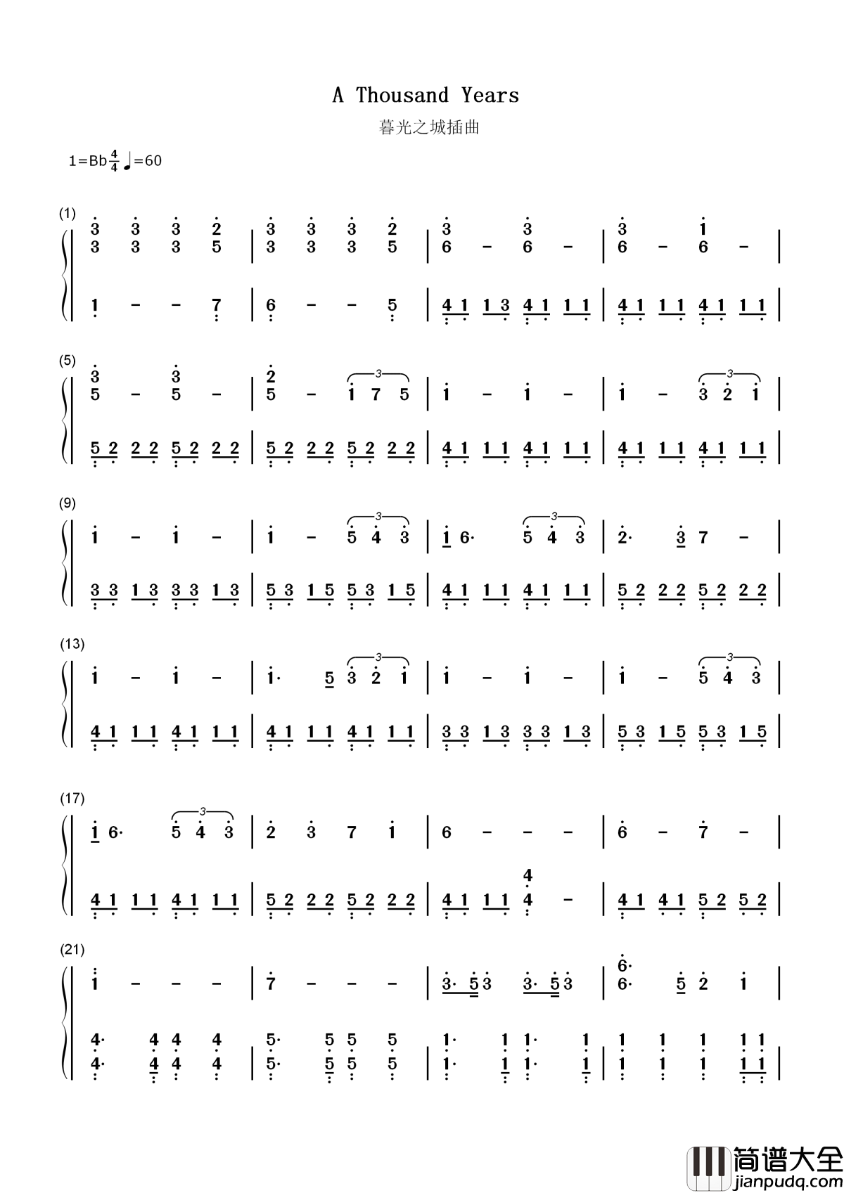 A_Thousand_Years简谱__Christina_Perri__暮光之城_破晓的插曲,那些年我们的吸血鬼故事