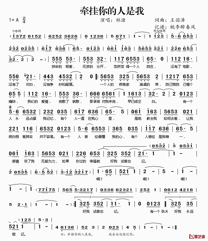 牵挂你的人是我简谱(歌词)_郑源演唱_桃李醉春风记谱