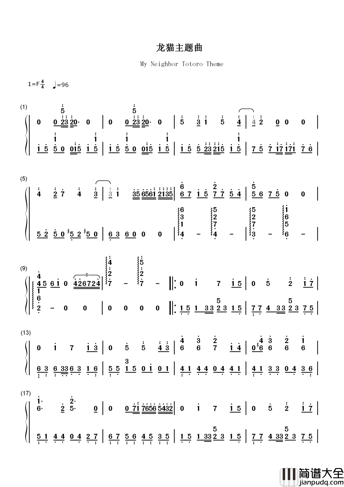 My_Neighbor_Totoro_Theme(龙猫主题曲)简谱_久石譲____孩子眼里的东西,长大了再也看不到