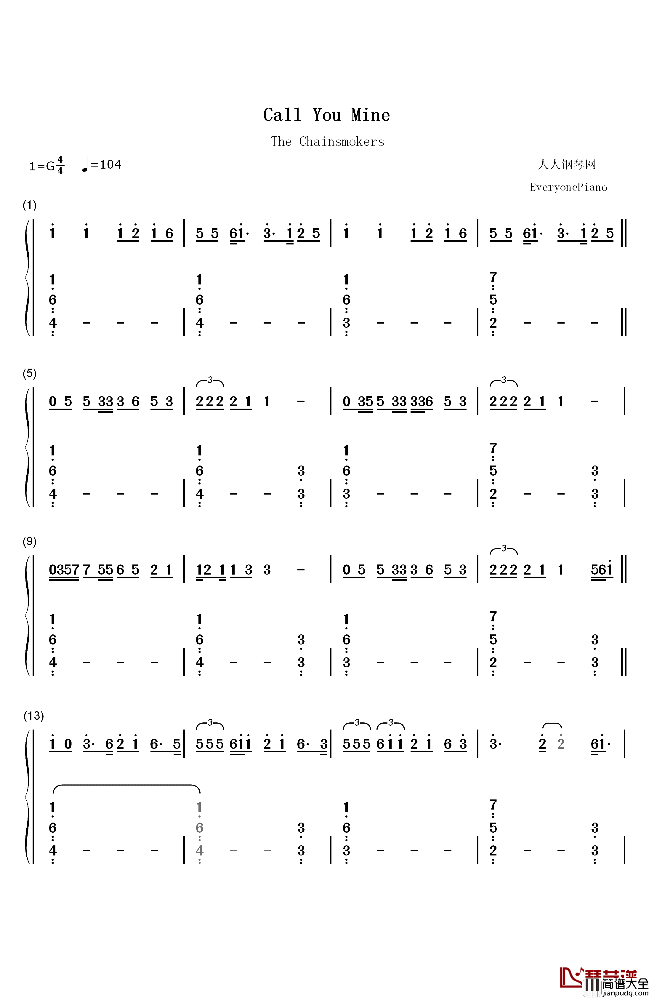 Call_You_Mine钢琴简谱_数字双手_The_Chainsmokers_Bebe_Rexha