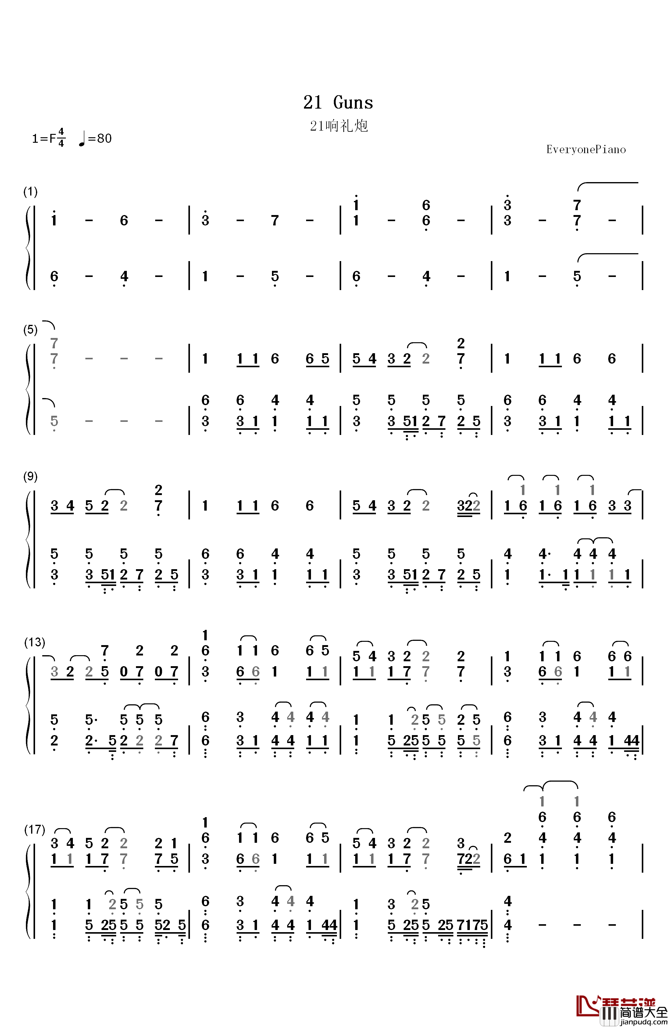 21_Guns钢琴简谱_数字双手_Green_Day__绿日乐队