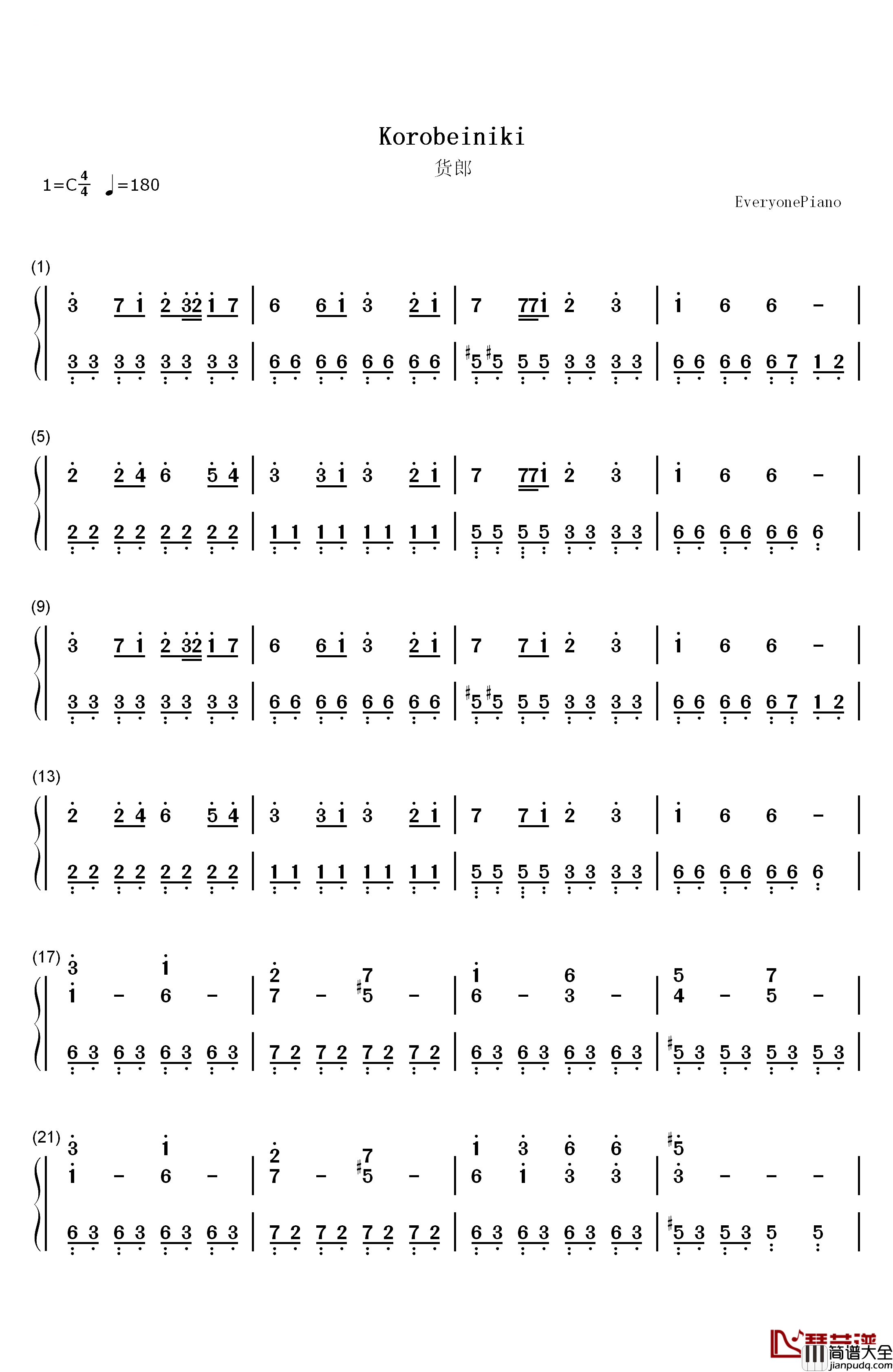 Korobeiniki钢琴简谱_数字双手_Nikolay_Nekrasov