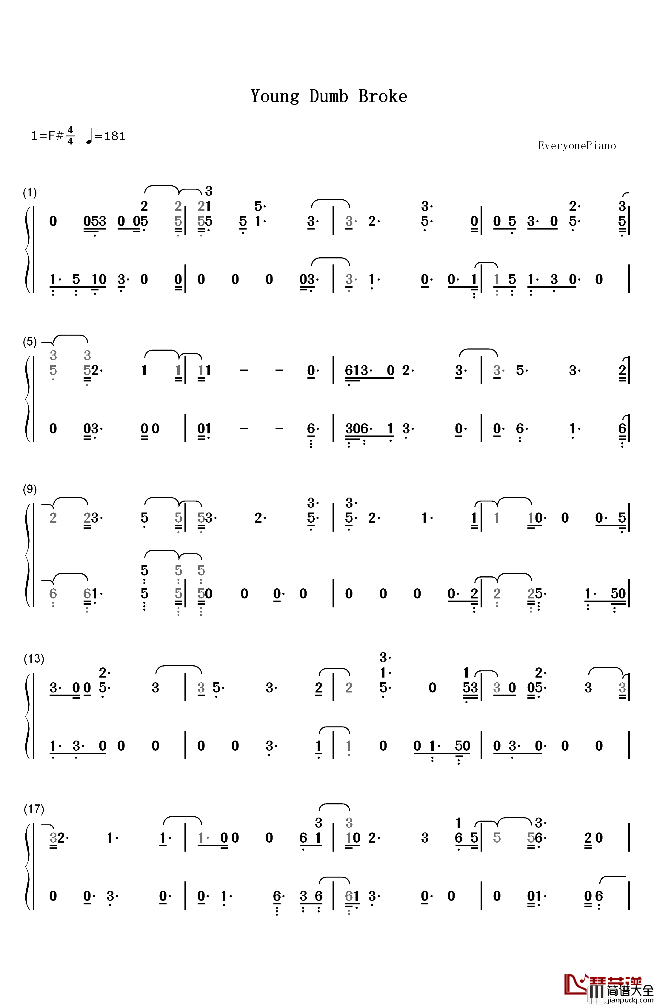 Young_Dumb_Broke钢琴简谱_数字双手_Khalid