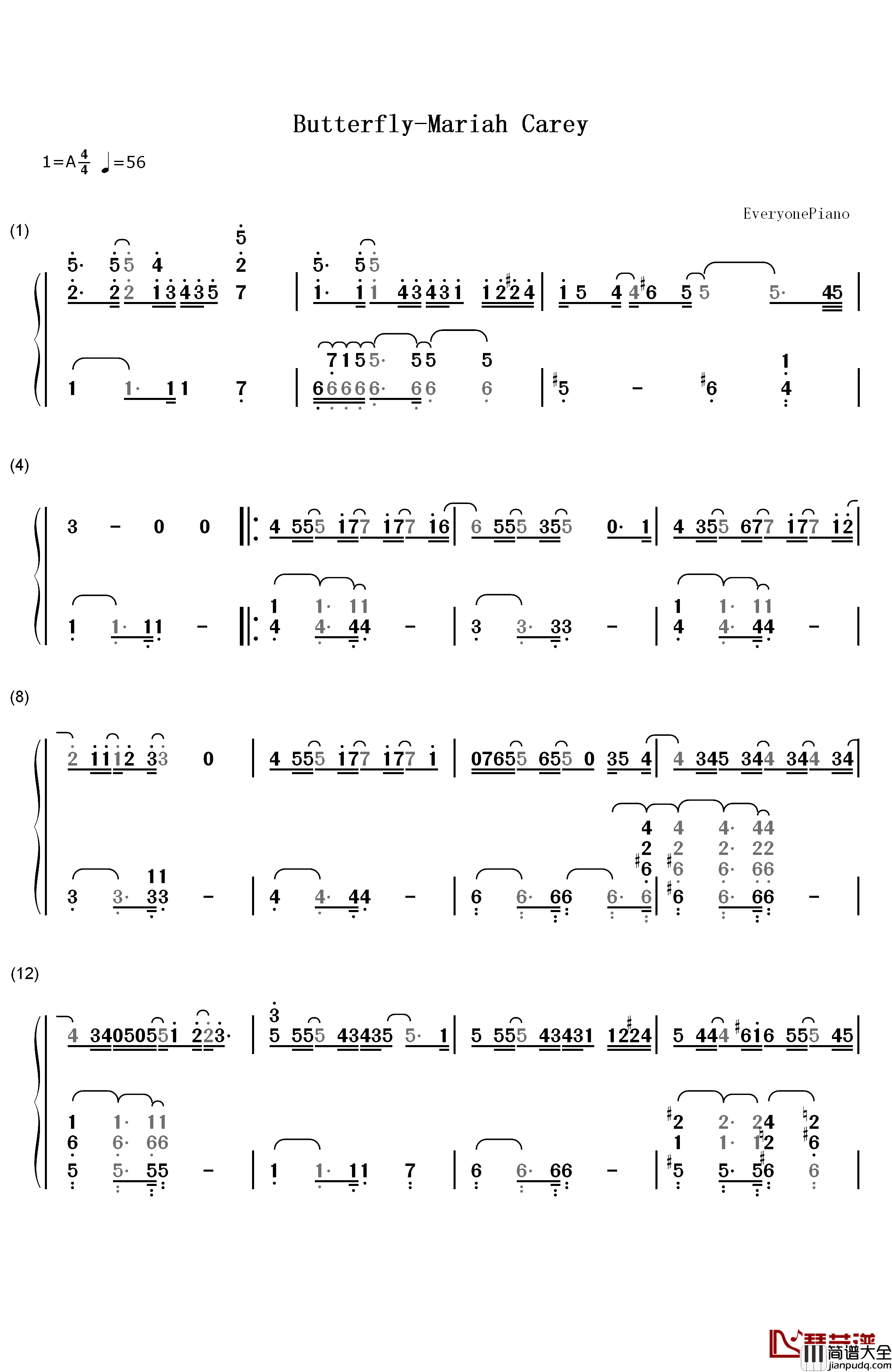 Butterfly钢琴简谱_数字双手_Mariah_Carey