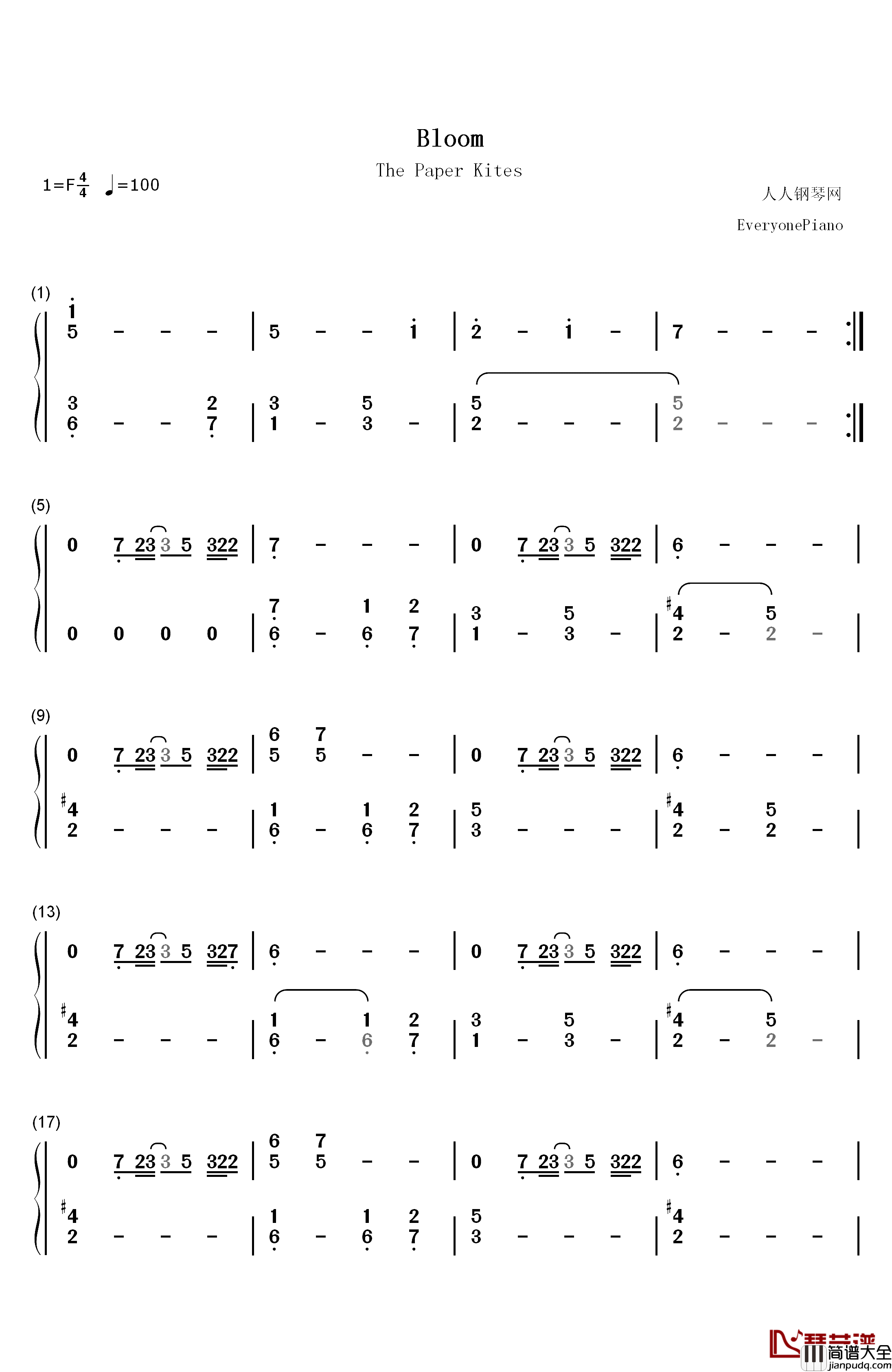Bloom钢琴简谱_数字双手_The_Paper_Kites