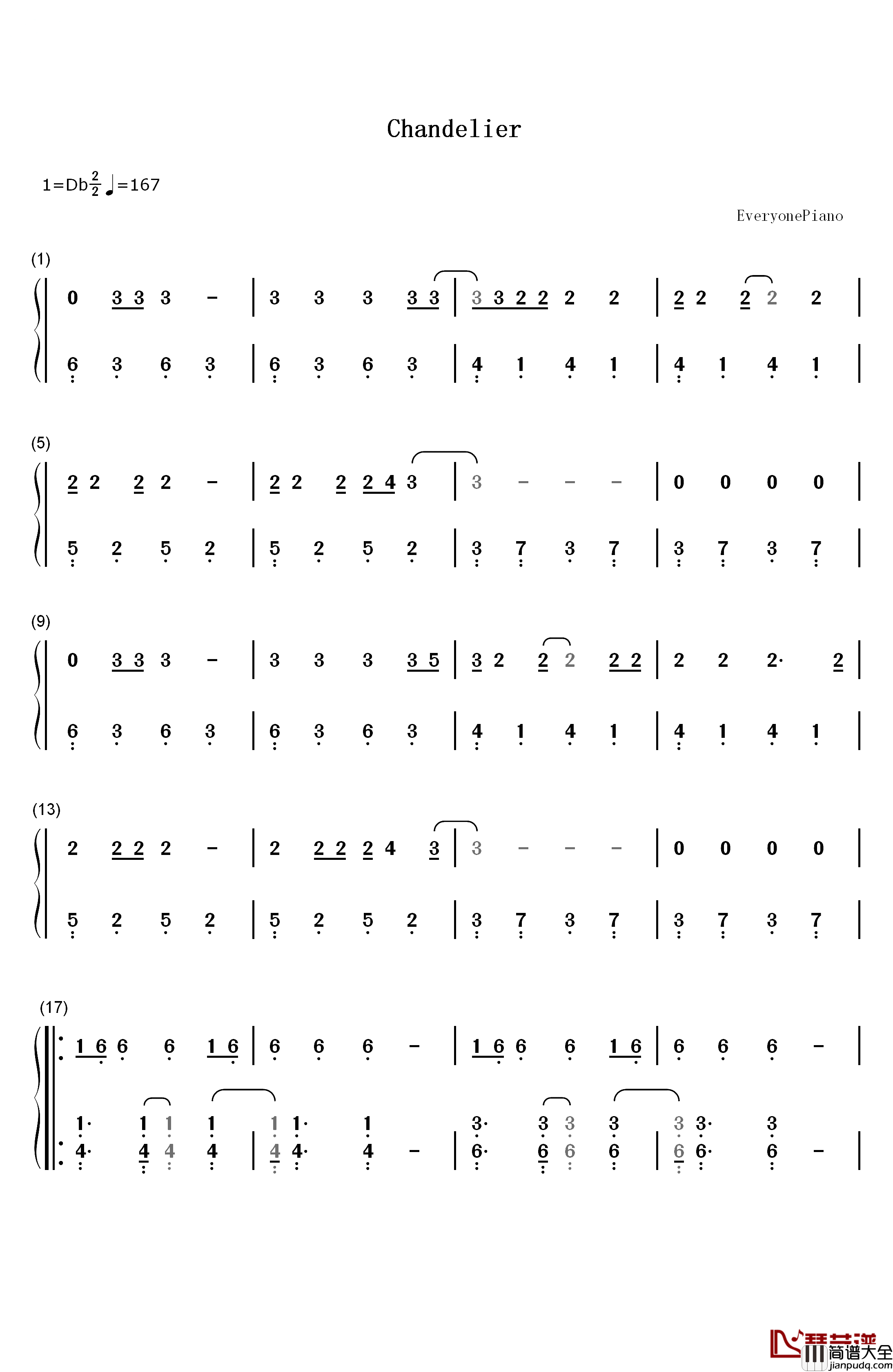 Chandelier钢琴简谱_数字双手_Sia