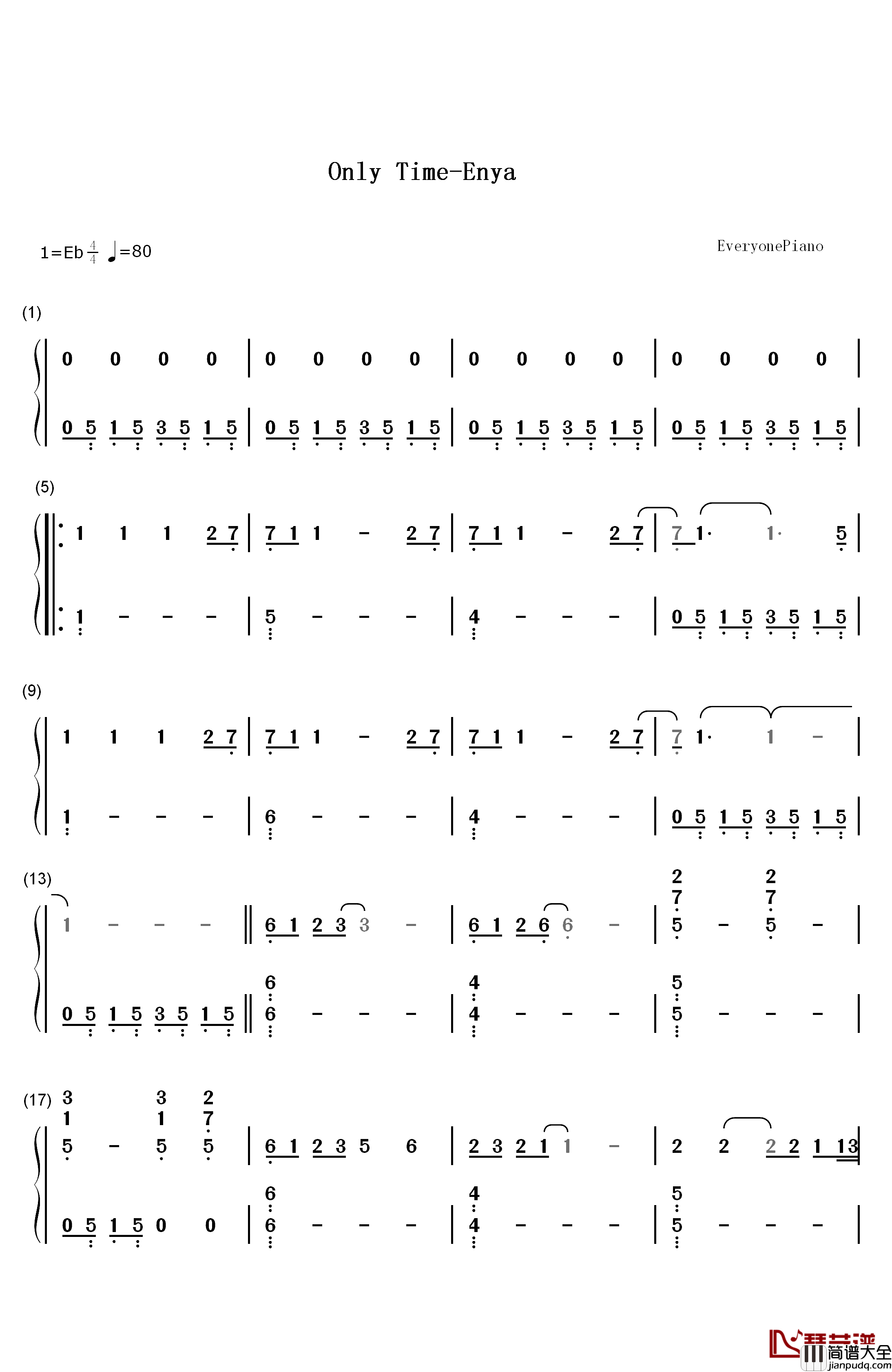 Only_Time钢琴简谱_数字双手_Enya