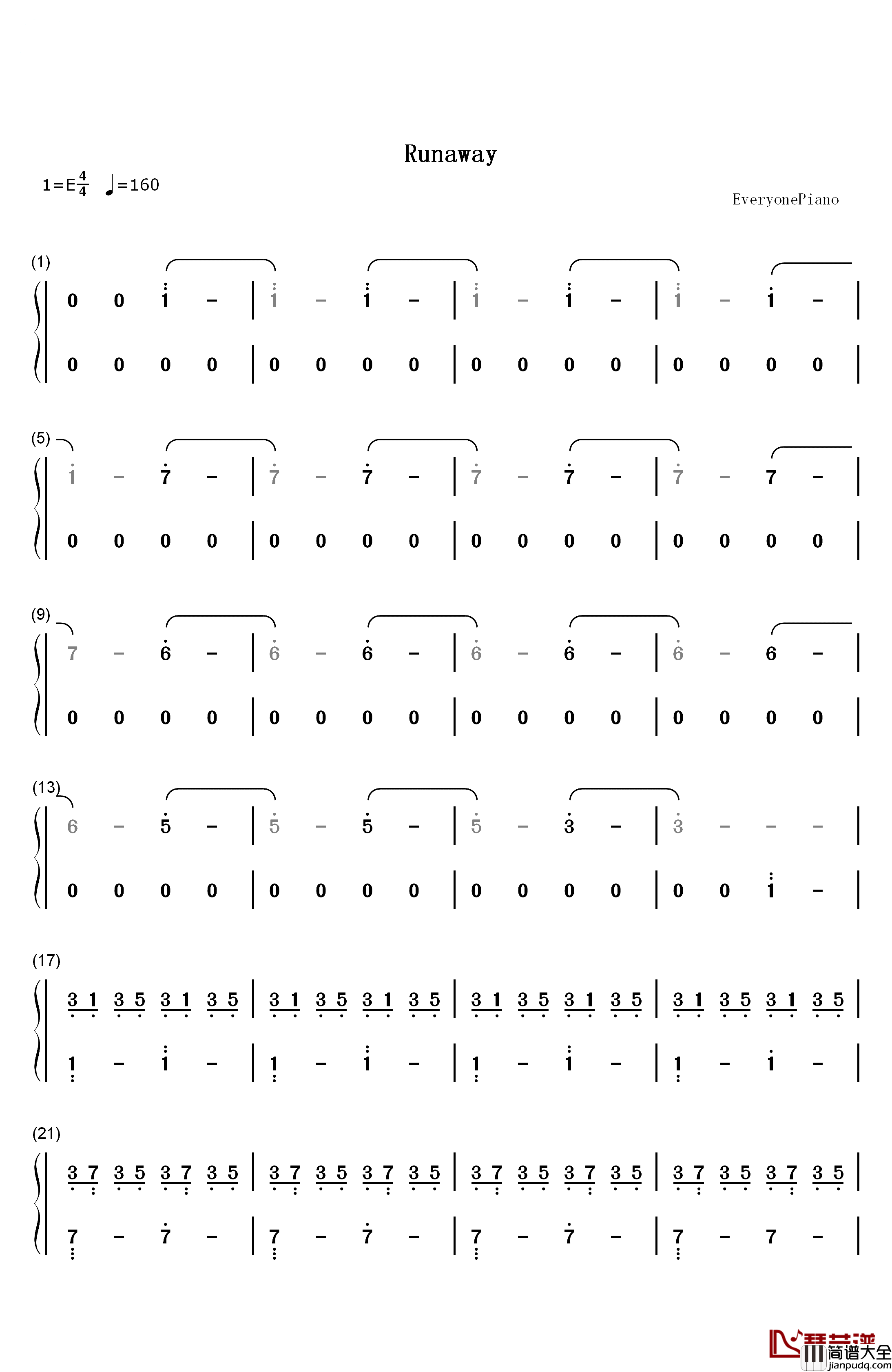 Runaway钢琴简谱_数字双手_Kanye_West