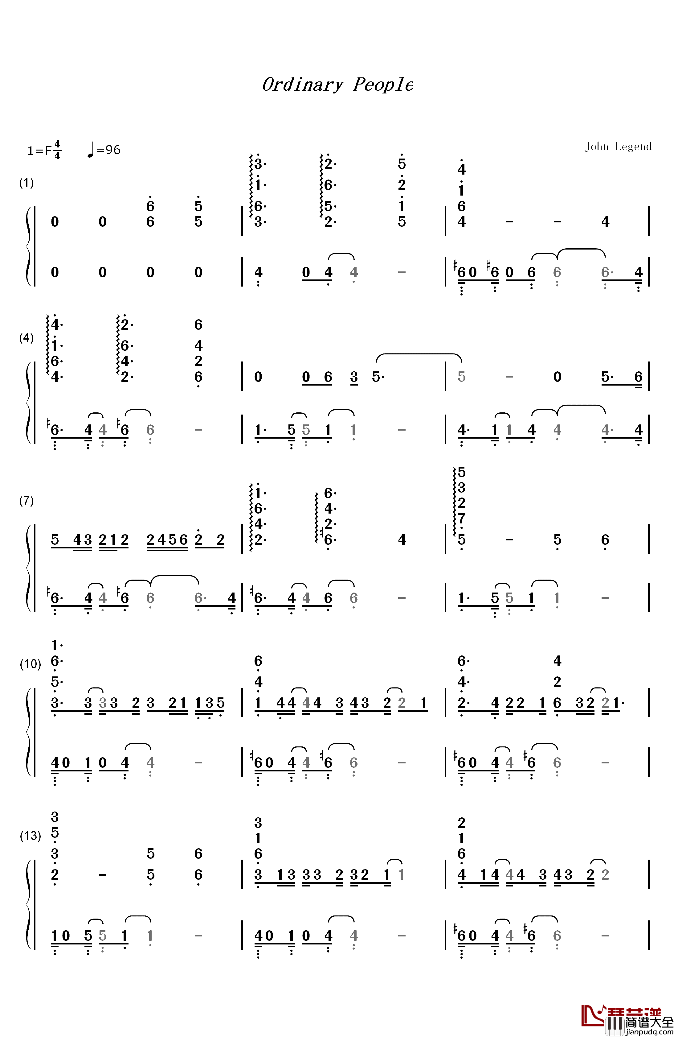 Ordinary_People钢琴简谱_数字双手_John_Legend