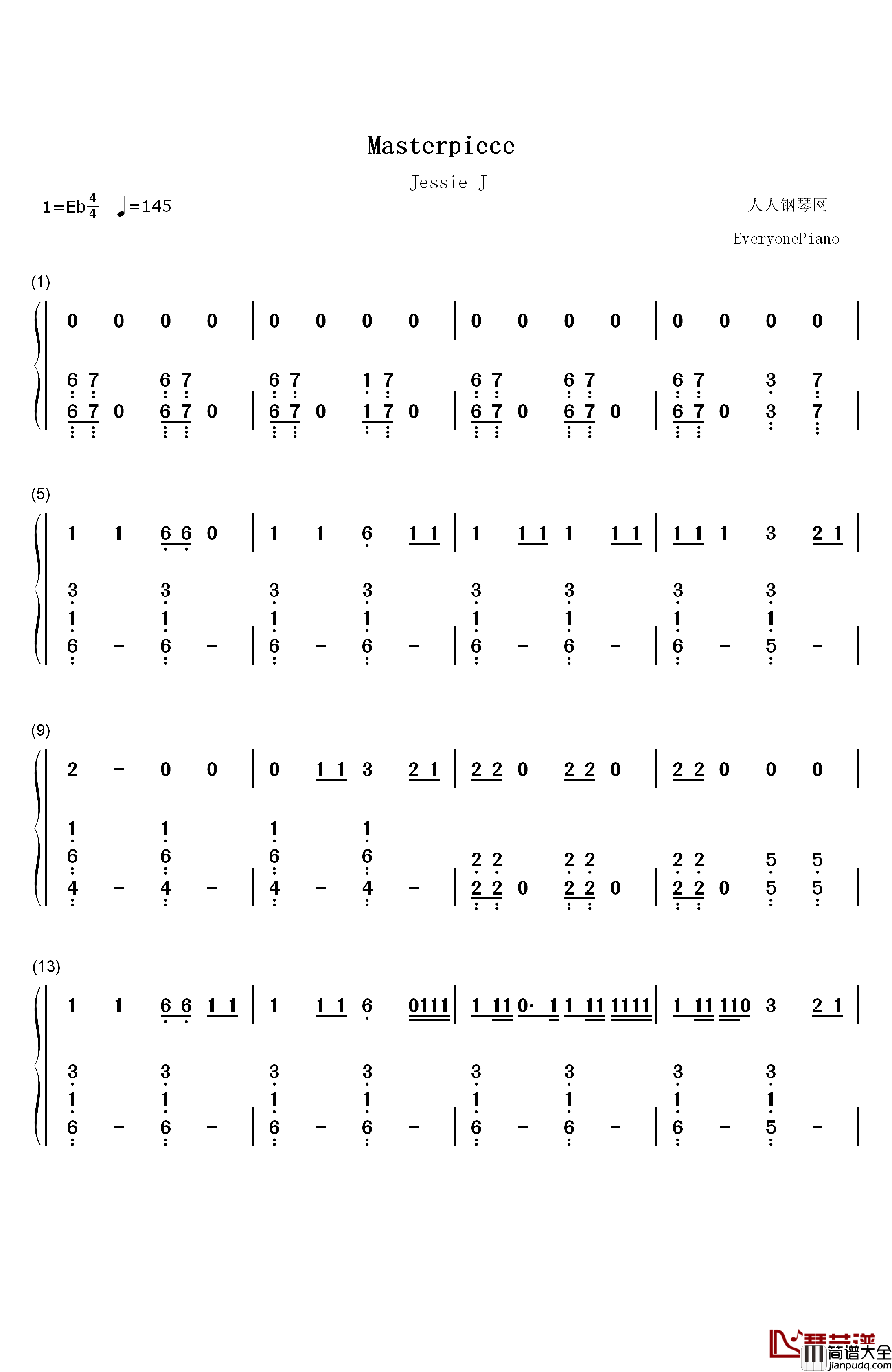 Masterpiece钢琴简谱_数字双手_Jessie_J