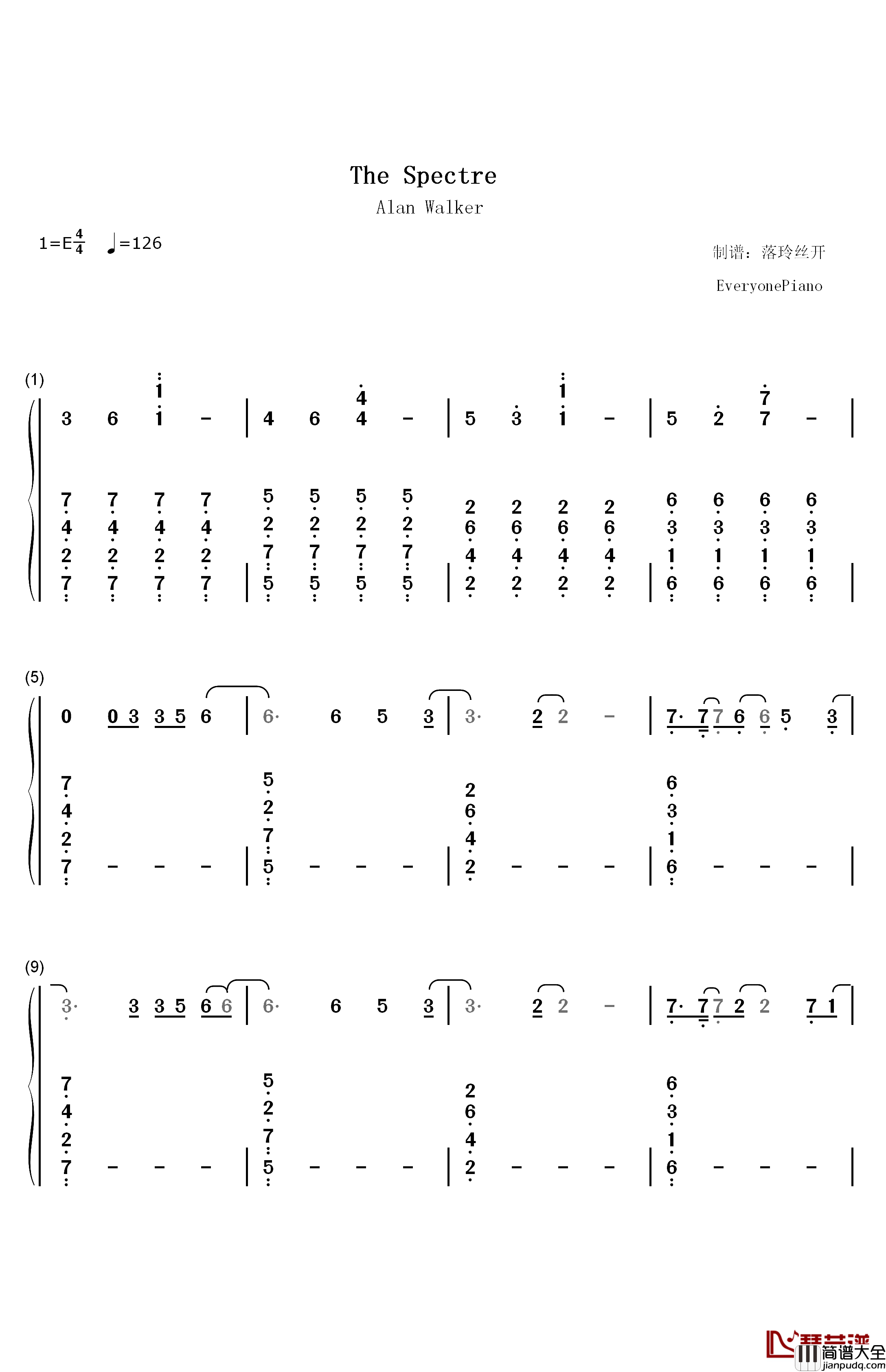 The_Spectre钢琴简谱_数字双手_Alan_Walker