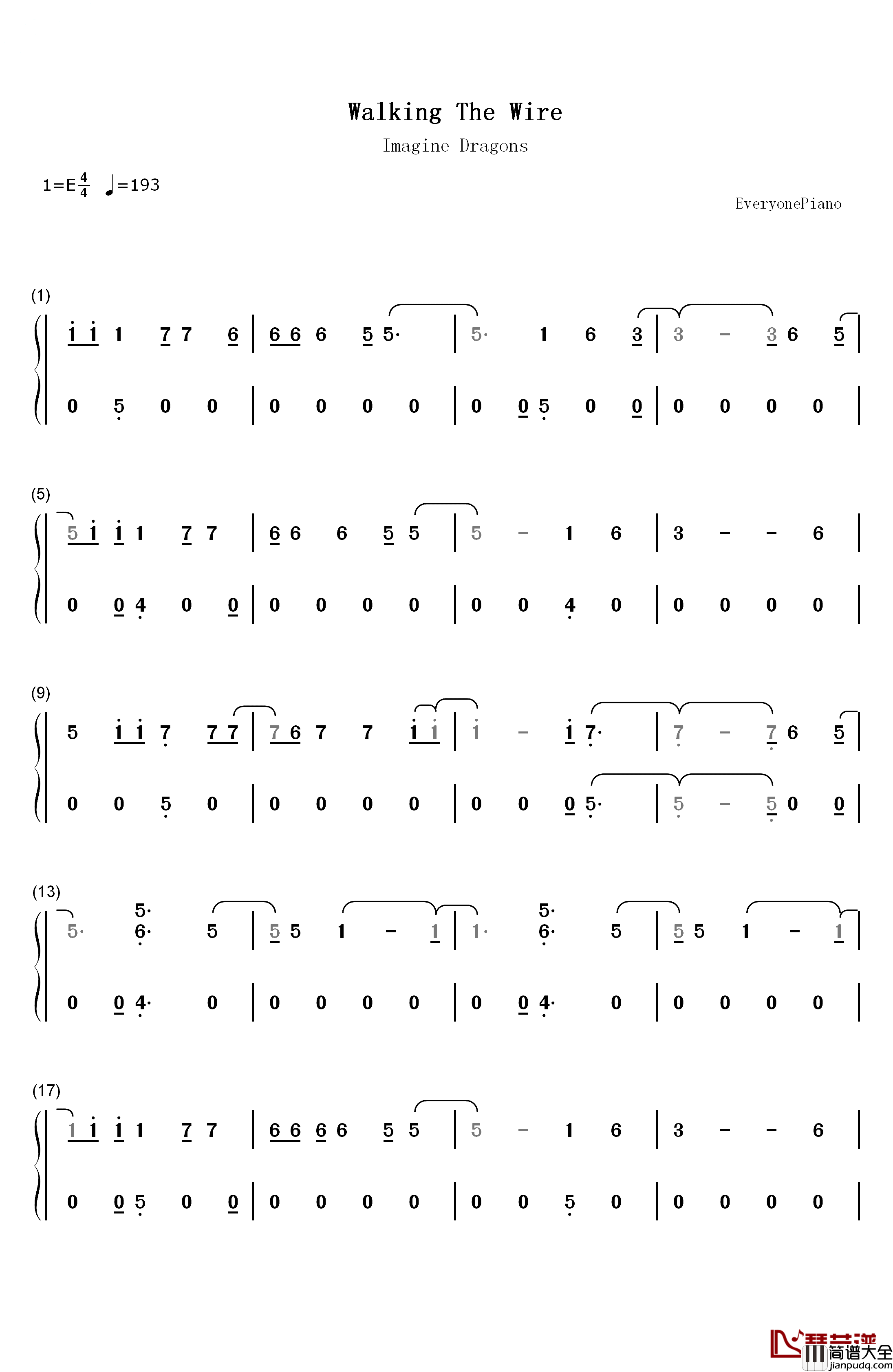 Walking_the_Wire钢琴简谱_数字双手_Imagine_Dragons
